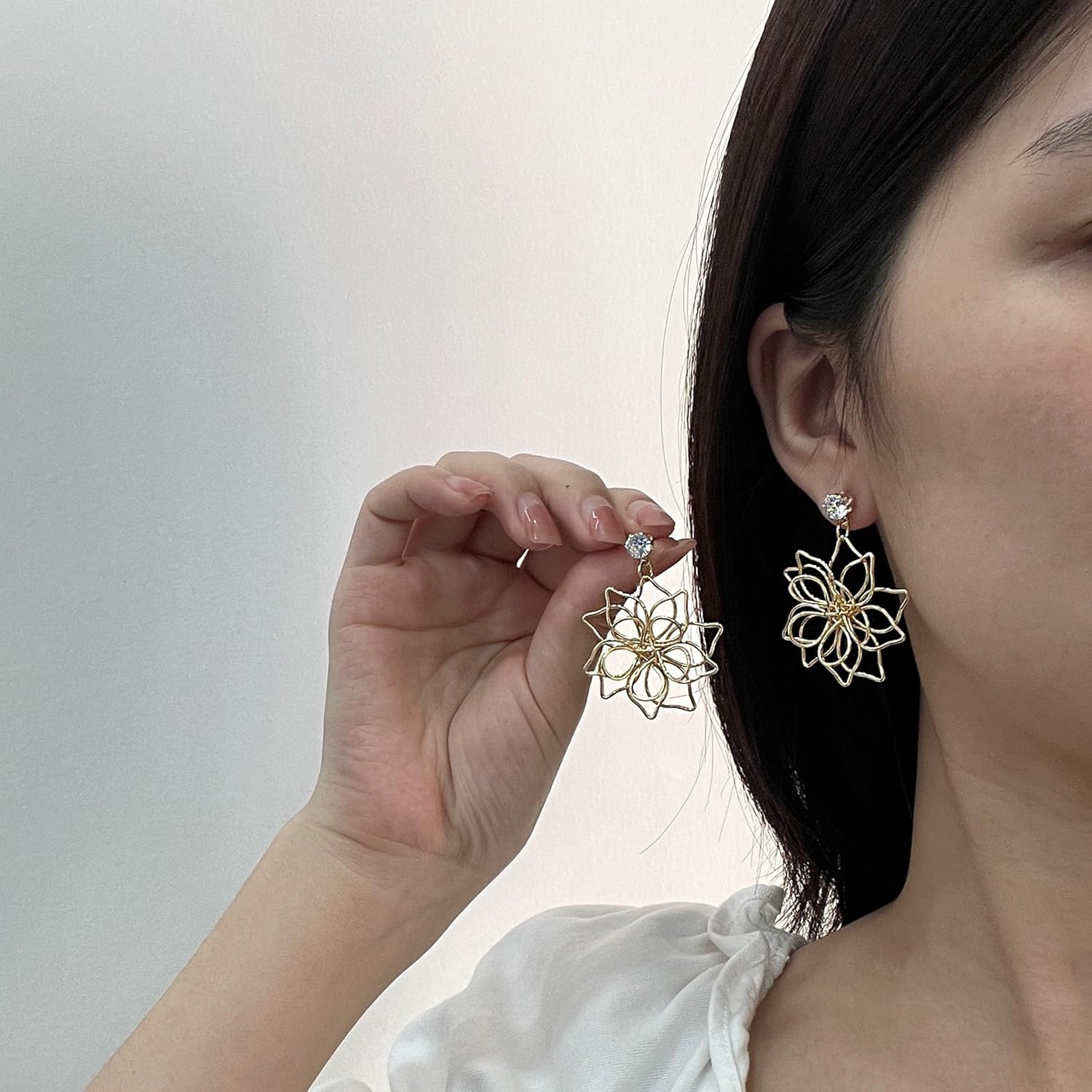 Handmade Gold Wire Wrap Flower Dangling Earrings Lightweight Floral Petal Dangle Drop Earrings - Image 2