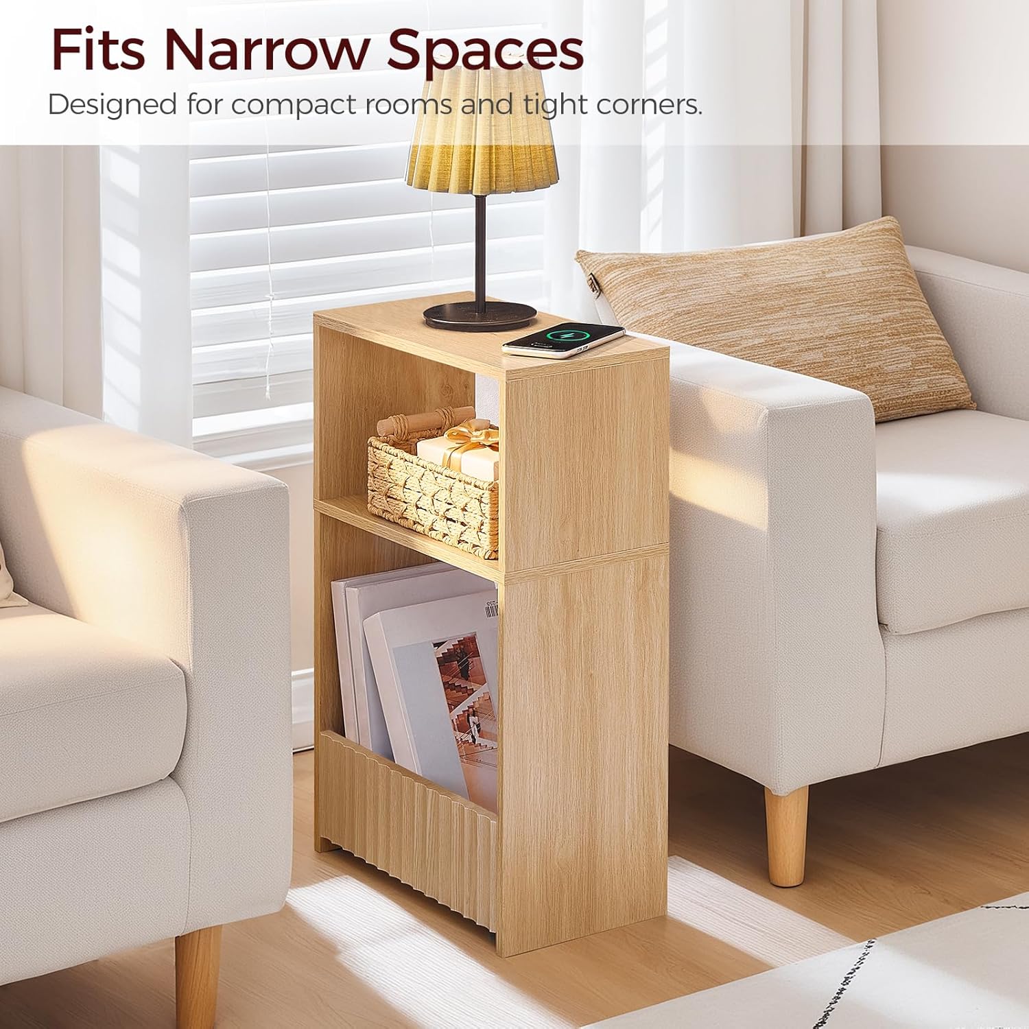 MAHANCRIS Narrow Side Table, 3-Tier Small End Table with Storage Shelf, Skinny Nightstand Space Saving for Magazine, Slim Bedside Table for Living Room, Bedroom, Bathroom, Natural ETNA75101