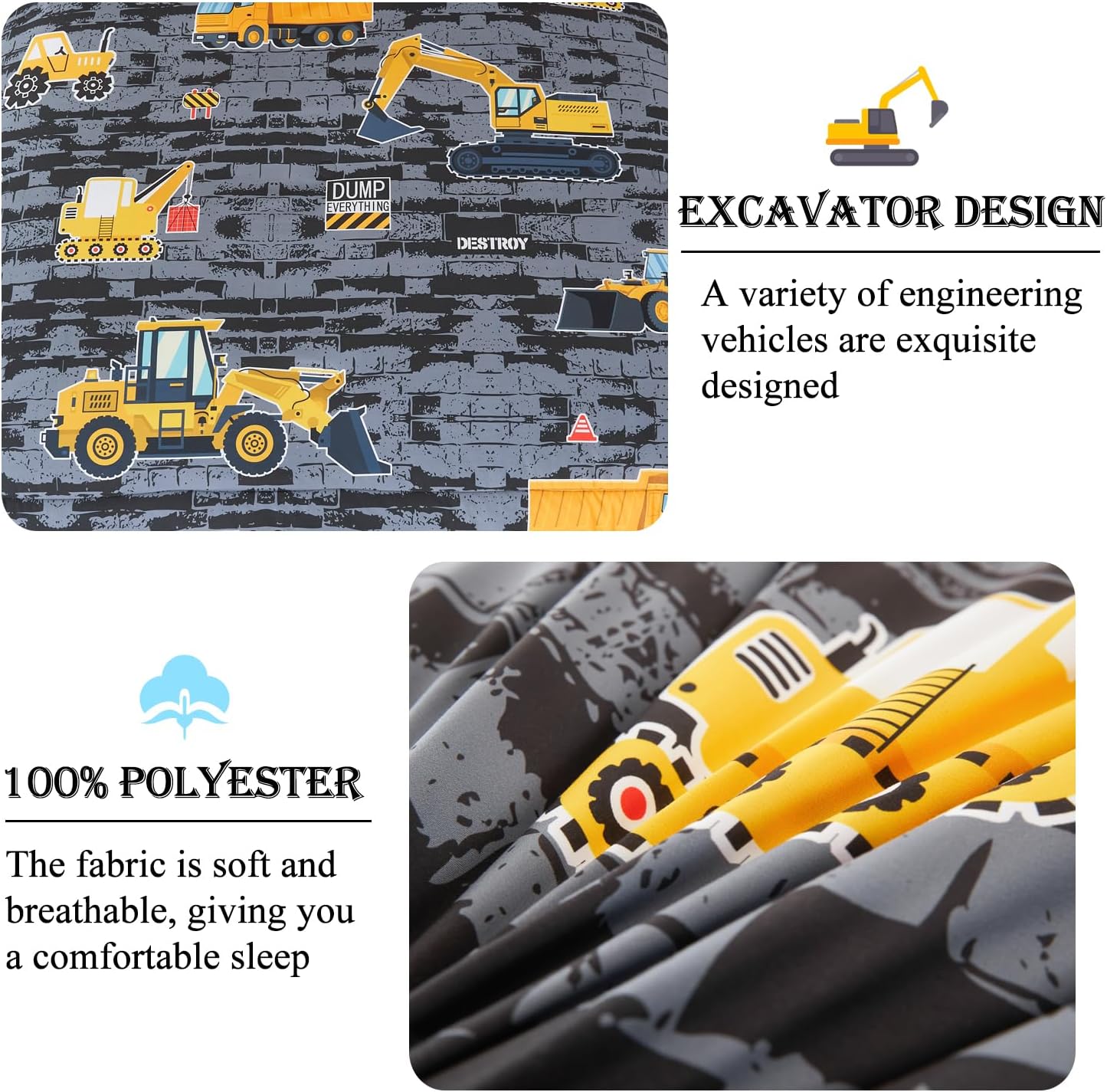 Boys Comforter Sets Twin 5 Pieces Truck Cars Bedding Set for Kids Teens Gray Construction Tractor Excavator Bed Set Soft Fluffy Bed in A Bag with Sheets(Gray Cars, Twin)