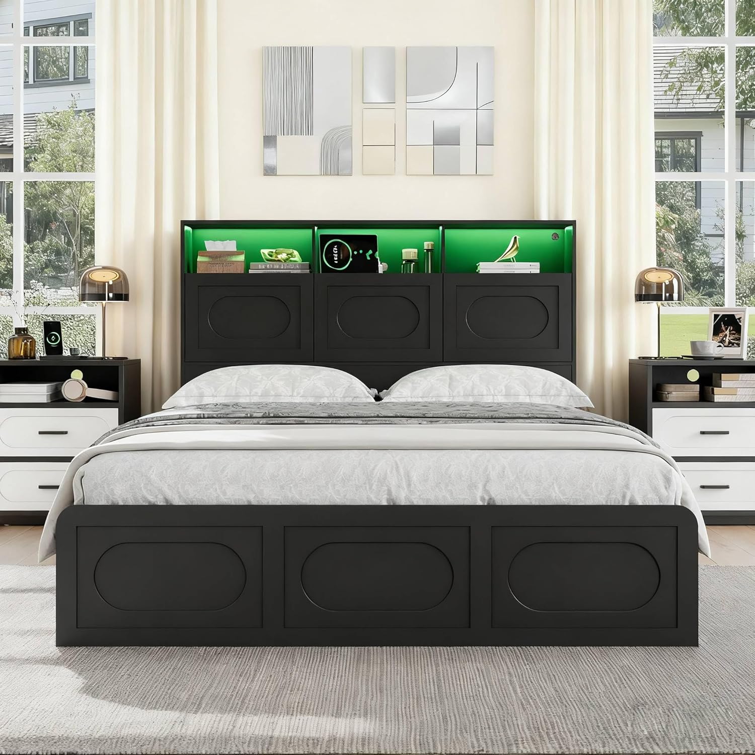 3 Pieces Bedroom Set, Queen Size Wood Platform Bed Frame and 2 Nightstands, Storage Headboard and Nightstand with Charging Station, Solid Wood Slats Support, No Box Spring Needed, Black