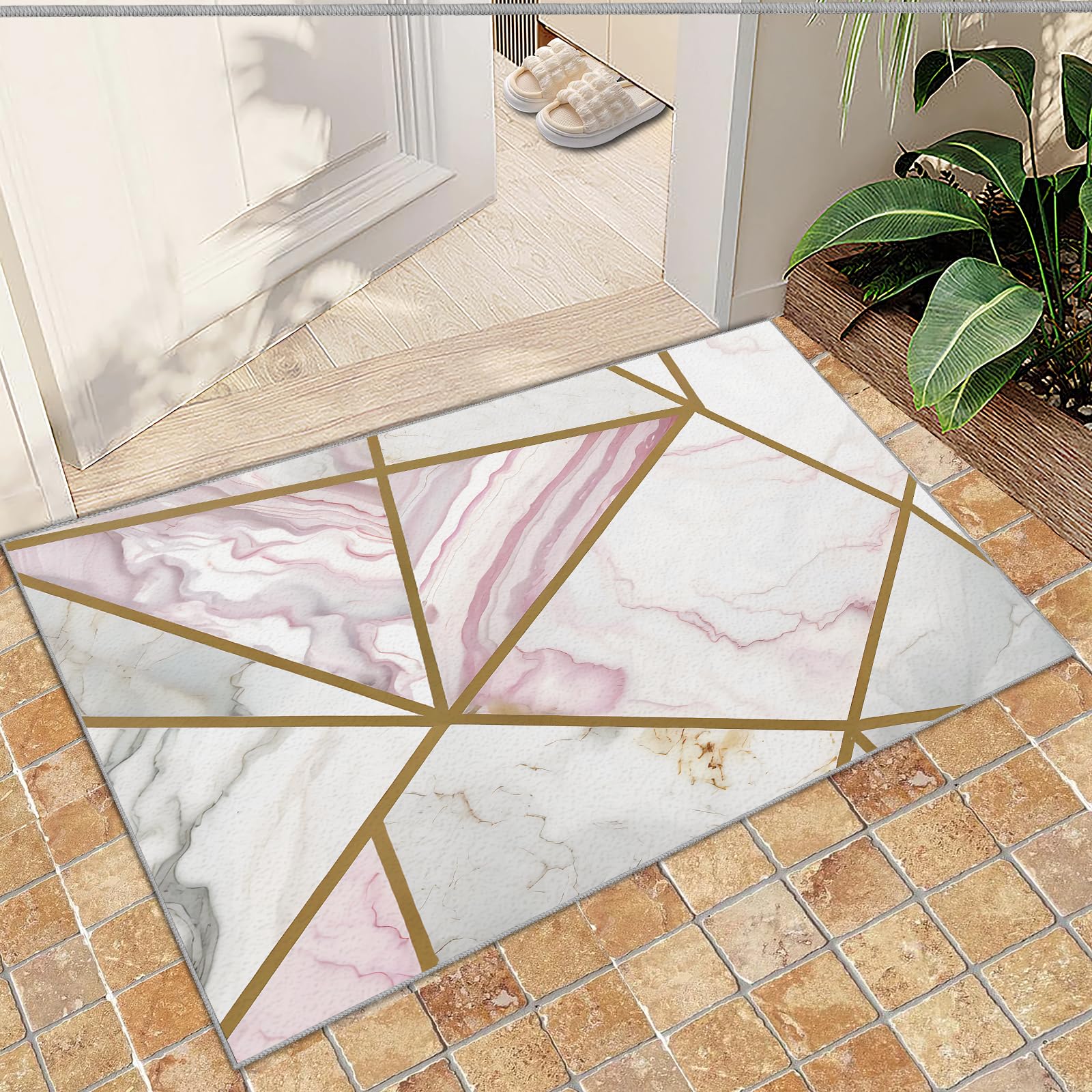 QDJKBL Entrance Rug 60 X 140 Cm Abstract Gray White Marble, Brown and Yellow Geometric Irregular Stripes Doormats, Entrance Carpet Soft Texture for Entryway