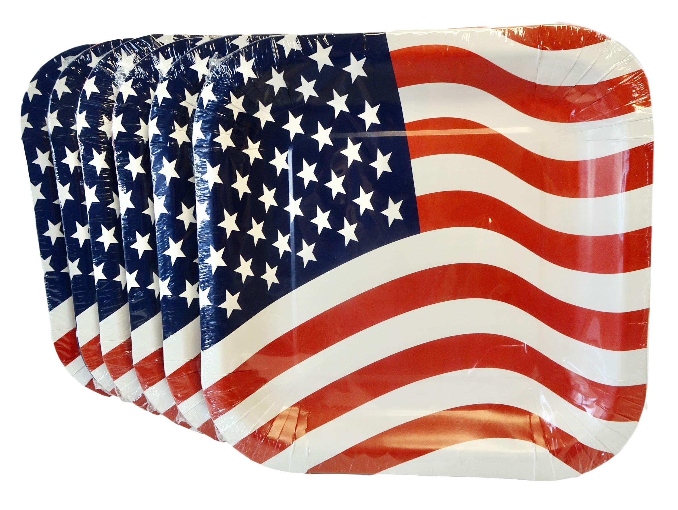 Patriotic American Flag Square Party Paper Plates, (12) Plates/Pkg., Pack of (6) - Total (72) Plates