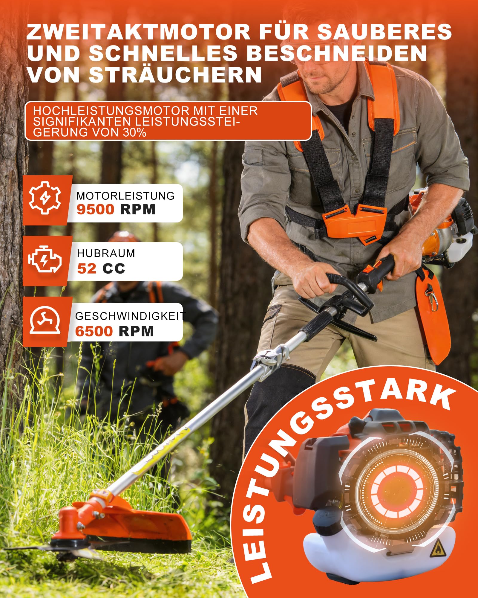 Benzin Motorsense 52cc 2-Takt freischneider-mit Benzin-Strimmer und Freischneider 、Heckenschere 、Kettensäge 3 PS, 2-Takt Luftgekühltes Gartengerät, Leistungsstark & Kraftstoffsparend