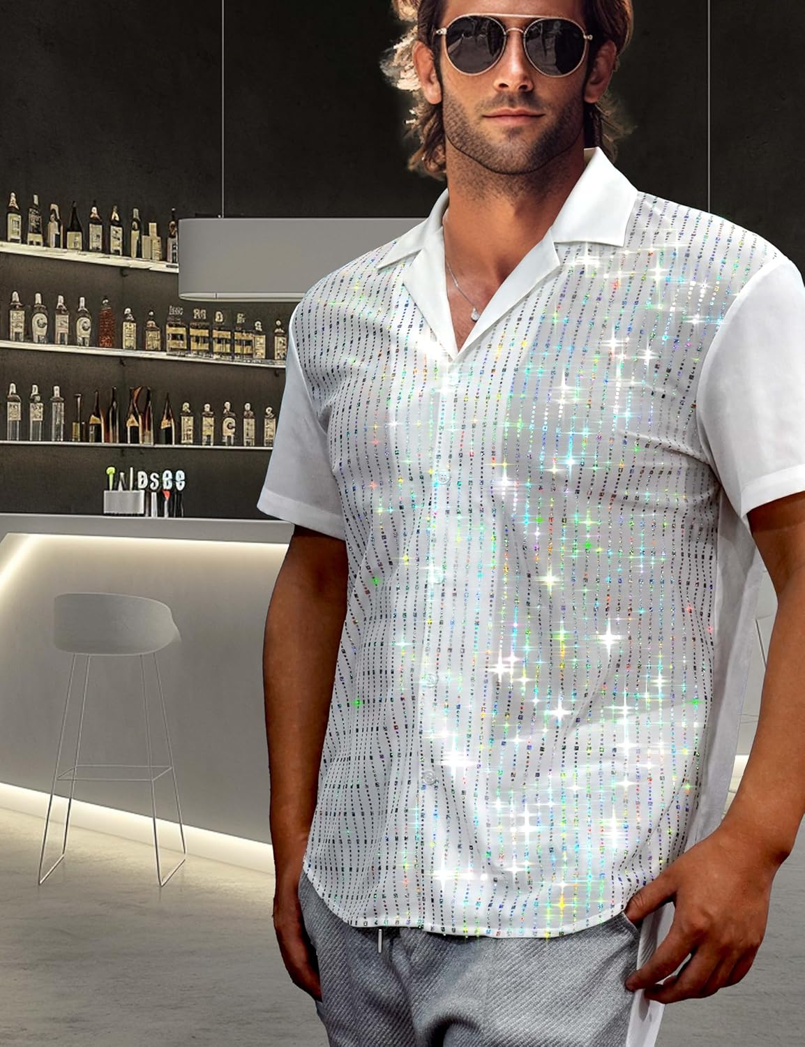 Mens Mesh Sequins See Through 70s Disco Long Sleeve Button Down Shirts - Image 2