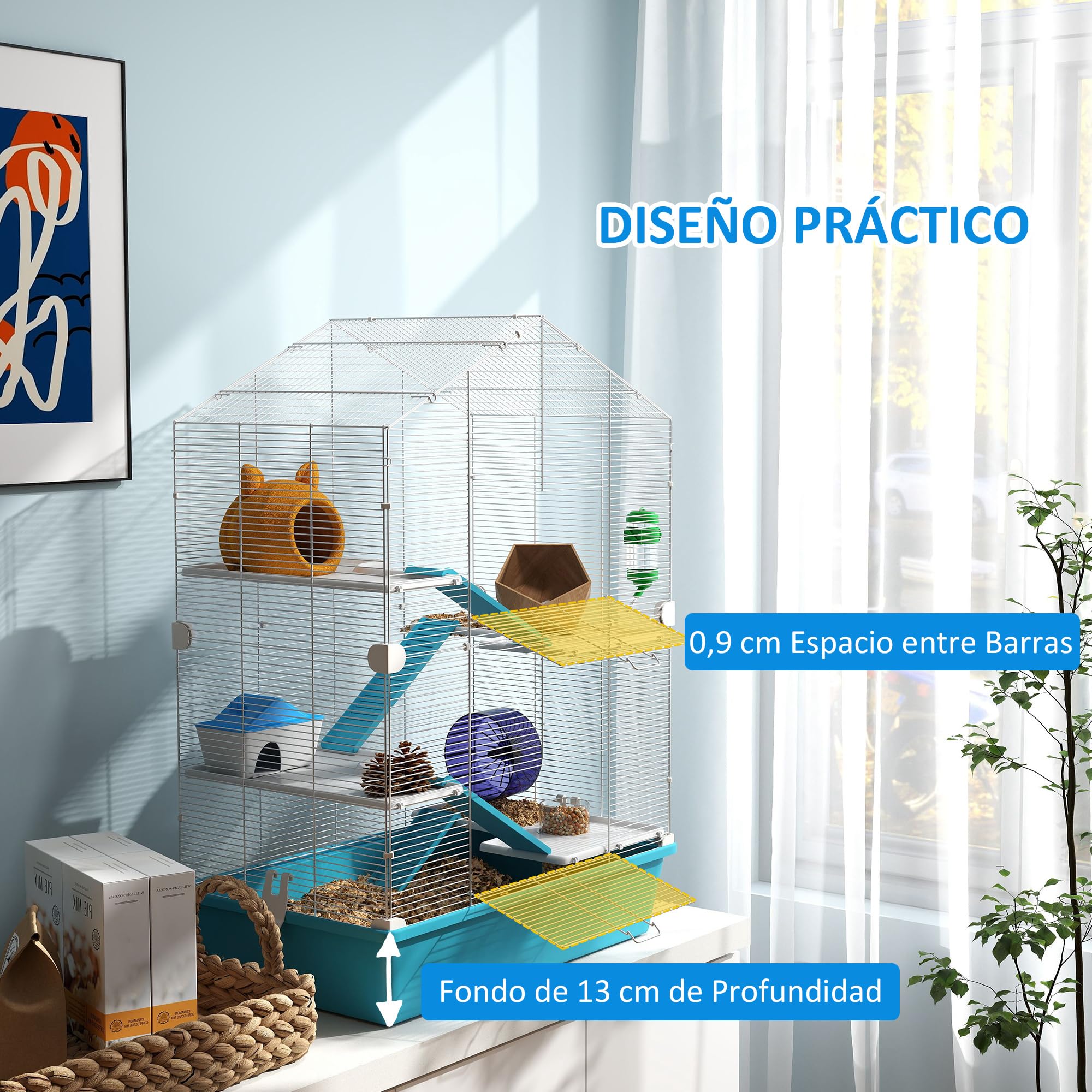 PawHut Jaula para Hámster de 5 Niveles Casa para Animales Pequeños con Plataformas Cuenco Bebedero Casita Rampas y Rueda de Ejercicio 58x36x81 cm Azul Claro