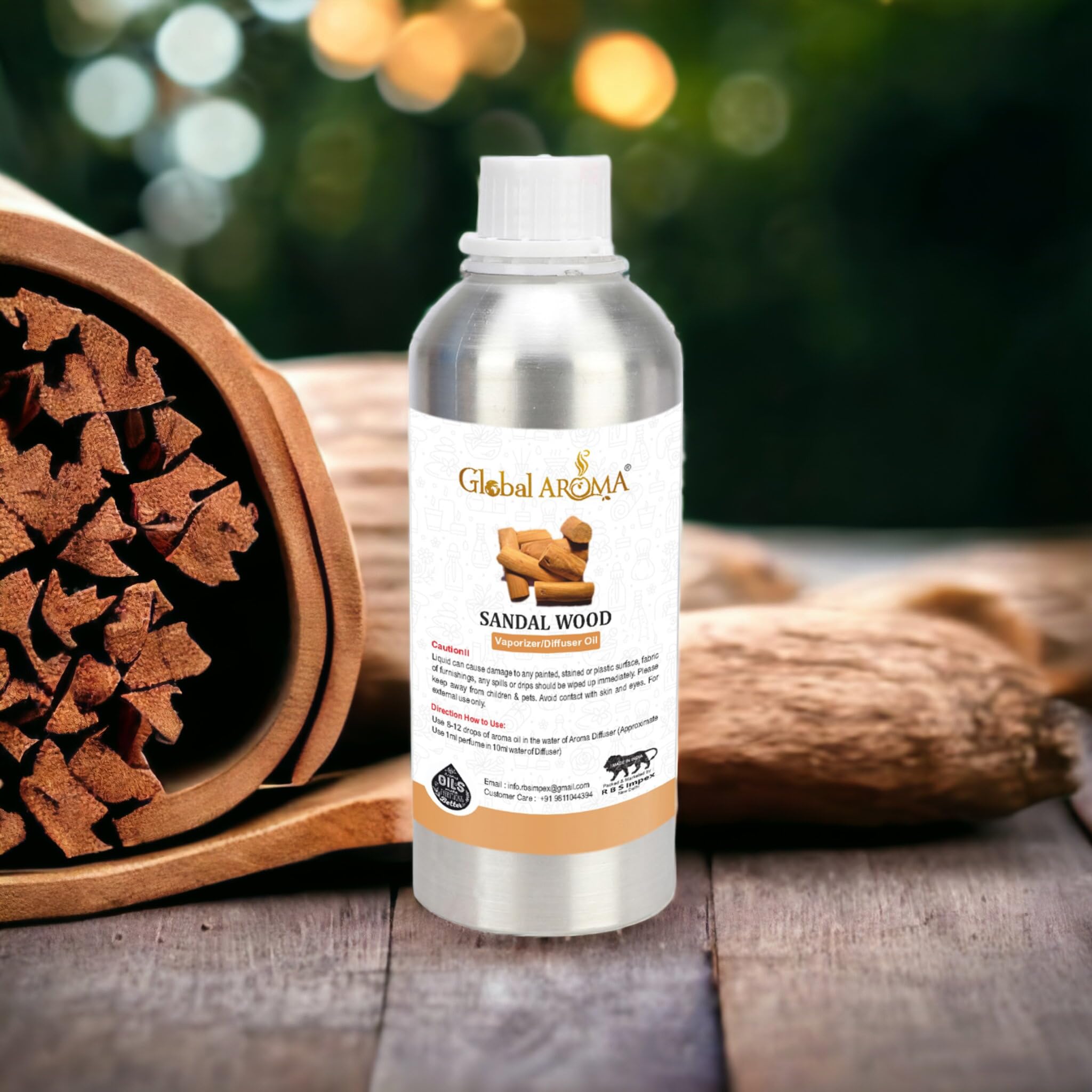 Global Aroma Sandalwood Diffuser Oil For Relax Calm Mood, Natural Homely Fragrance, Anxiety Free Sleep & Pure Aromatherapy (1000 ML)