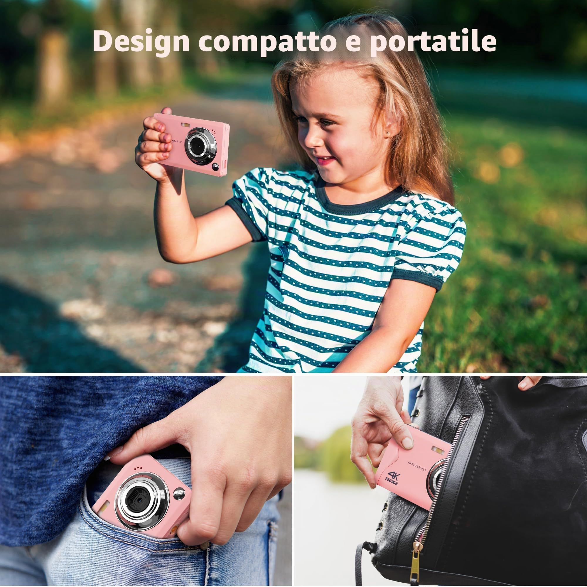 Fotocamera digitale CCN, 48MP 1080P FHD Fotocamera con schermo da 3,0", 16X Zoom Digitale Macchina fotografica compatta portatile con 32GB TF Card, Cavo USB, per adolescenti bambini adulti, Rosa