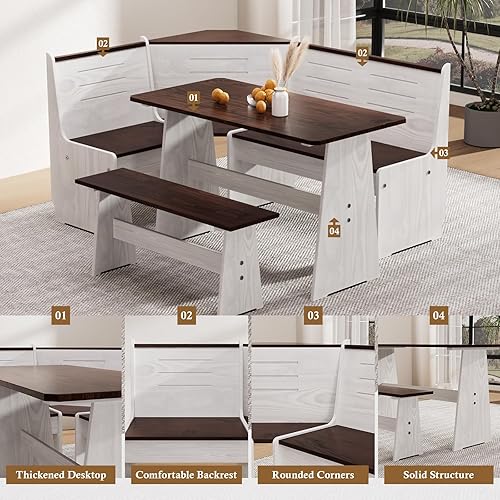 Miniatura 6 de Juego de mesa de comedor para rincón de desayuno – Rincón de desayuno estilo cabina con banco en L, juego de mesa de comedor de madera marrón claro