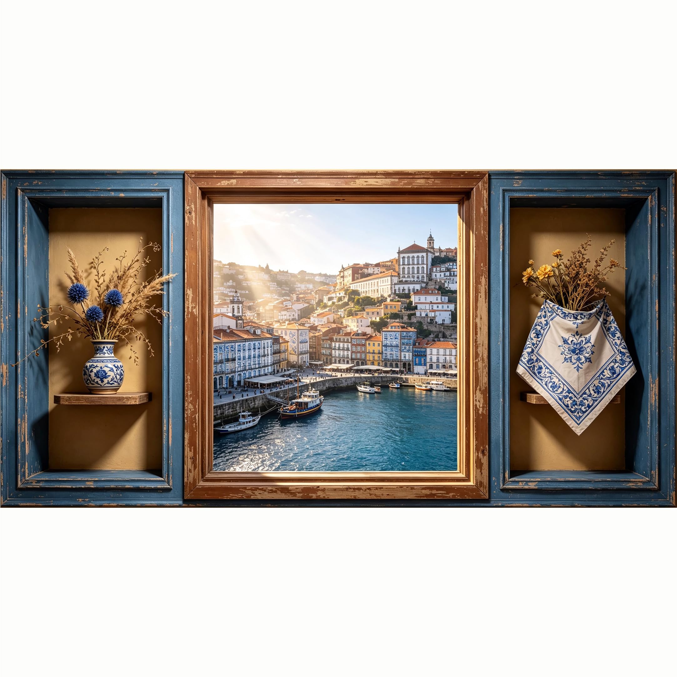 QZLITHOTIC 50x100cm 3D Framed Wall Art， Mediterranean Harbor Townscape Coastal View Self‑Adhesive Mural， Water‑Activated Peel & Stick Fabric Decor Wall Decal for Bedroom Living Room