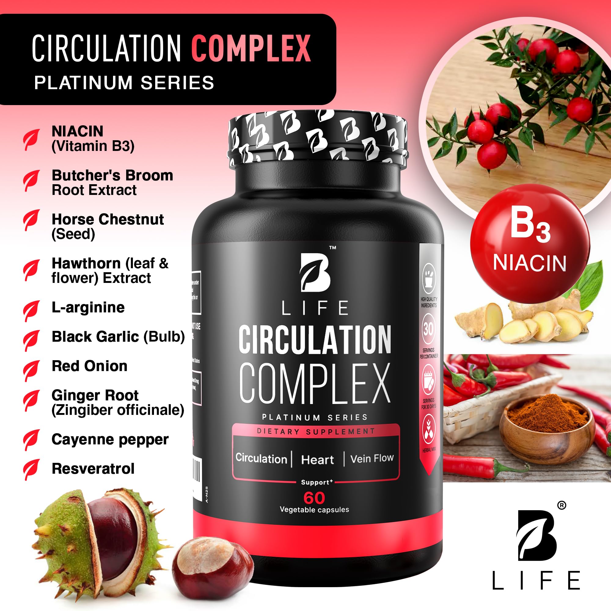 Circulation Support Supplement for Vein & Artery Health | Vascular Support with L-Arginine, Horse Chestnut & Butcher’s Broom | Promotes Healthy Leg Circulation & Vein Function | 60 Capsules — Amazon image 2