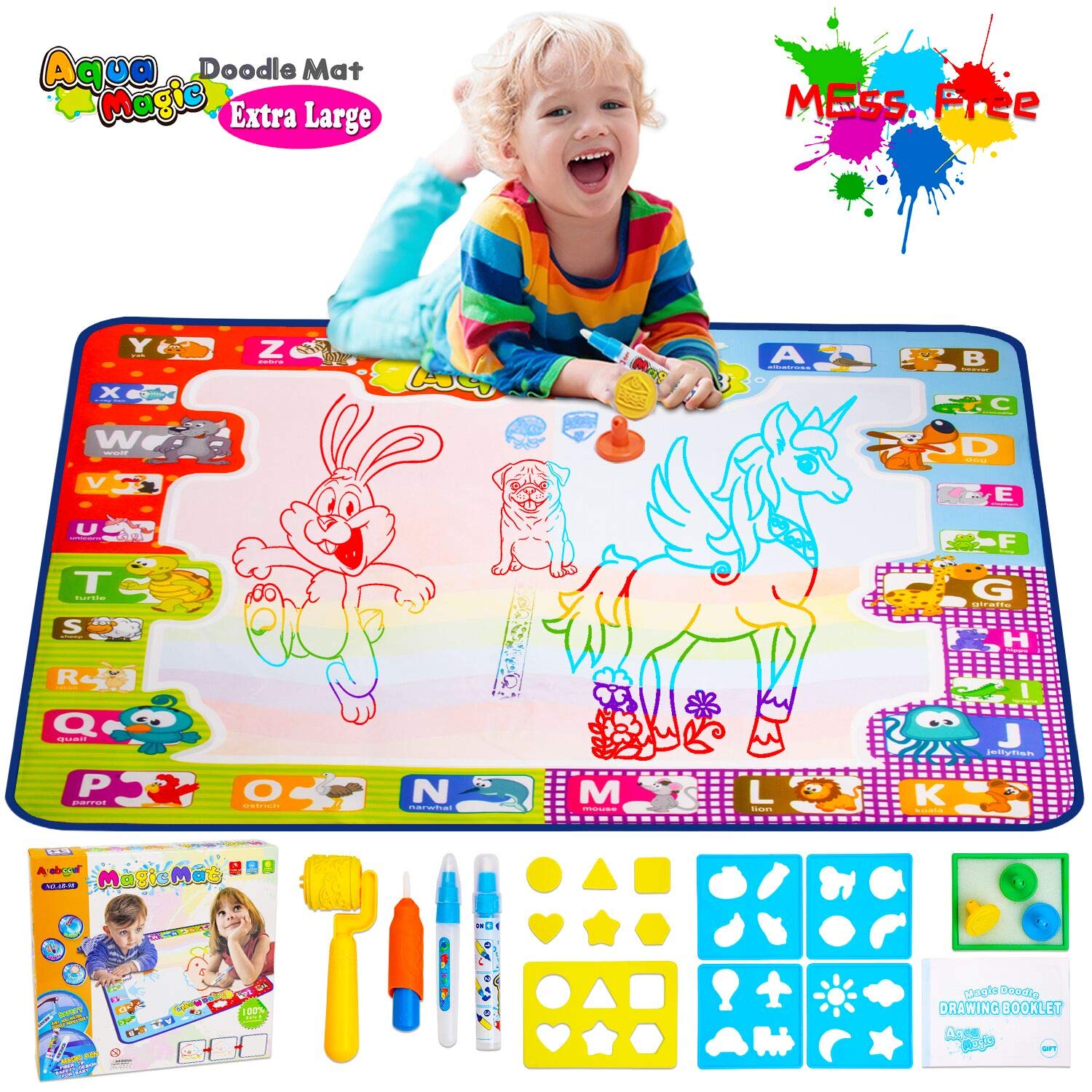 Aqua Doodle Mat Large Educational Water Drawing Mat For Kids Toy Toddler Painting Board With 2 Magic Pens 1 Magic Brush And Drawing Accessories For Boys Girls Size 30 3 X 30 3 Amazon Com Au