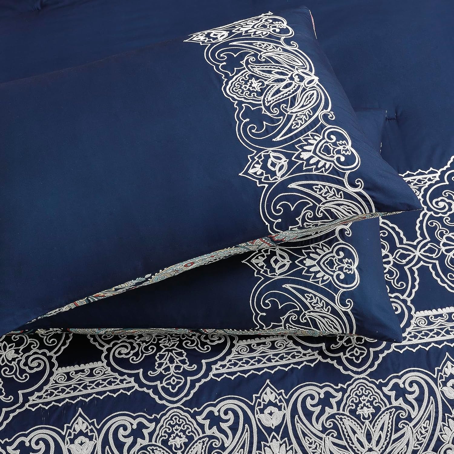 Sunshine Nicole Reversible Comforter Set, Brushed Microfiber Fabric with Embroidery for Front and Printed Microfiber Fabric for Reverse, 3 Pieces Navy King