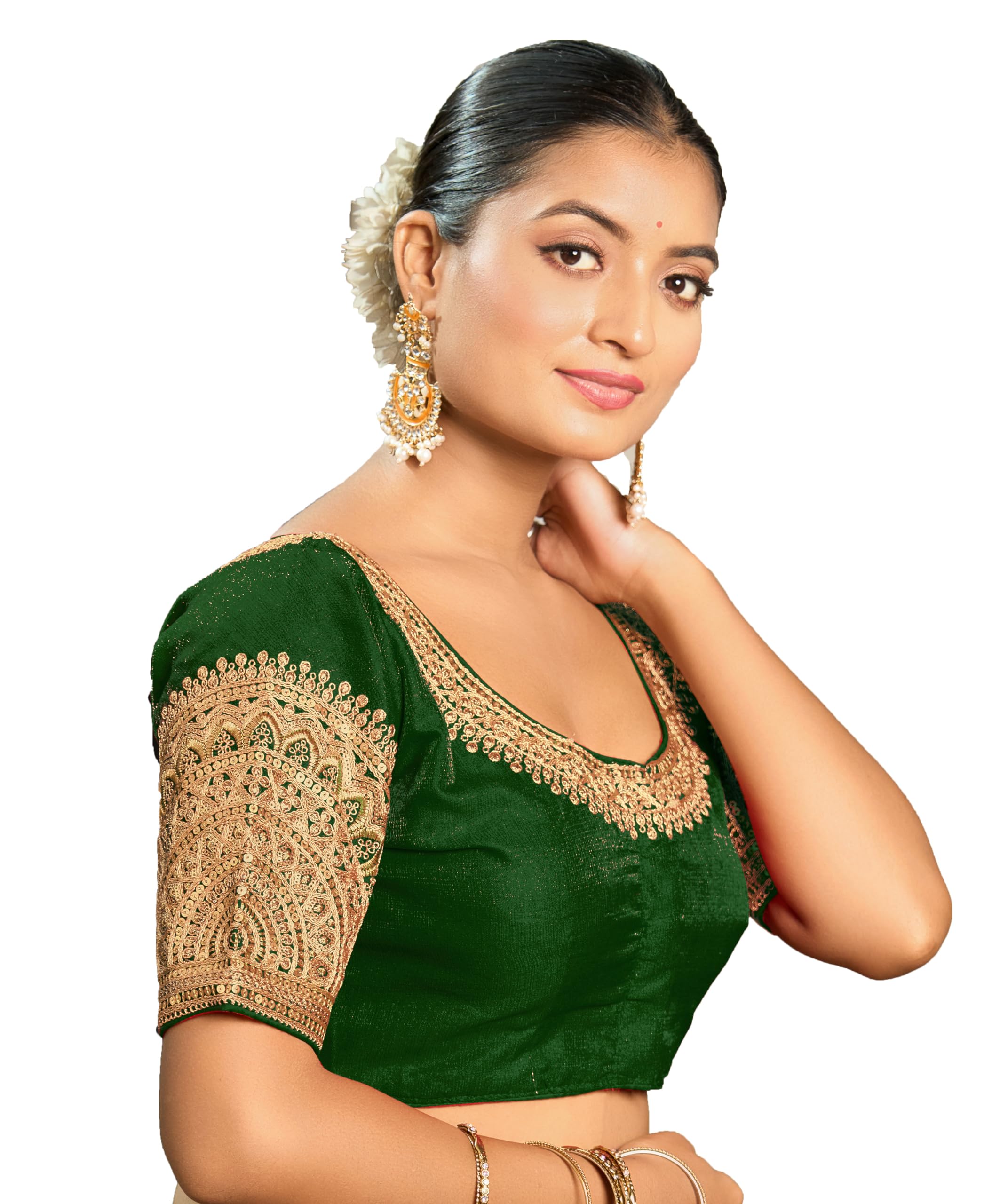 Pujia Mills Women's Readymade Blouse Embroidery Multi Coding Dull Golden Sequence Work Indian Ethnic Designer Stitched Readymade Saree Half Sleeve Green Blouse For Women For Saree Lehenga Choli