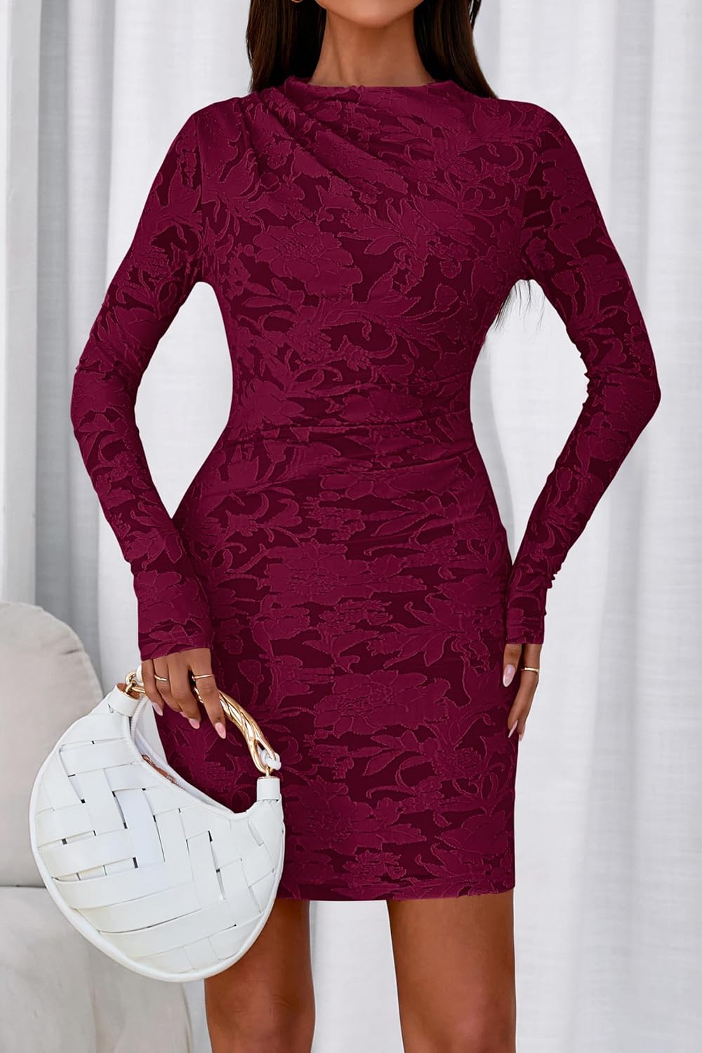 PRETTYGARDEN Women's Fall Bodycon Dresses 2026 Sexy Long Sleeve Ruched Lace Floral Mini Party Dress Tight Club Outfits - Image 7