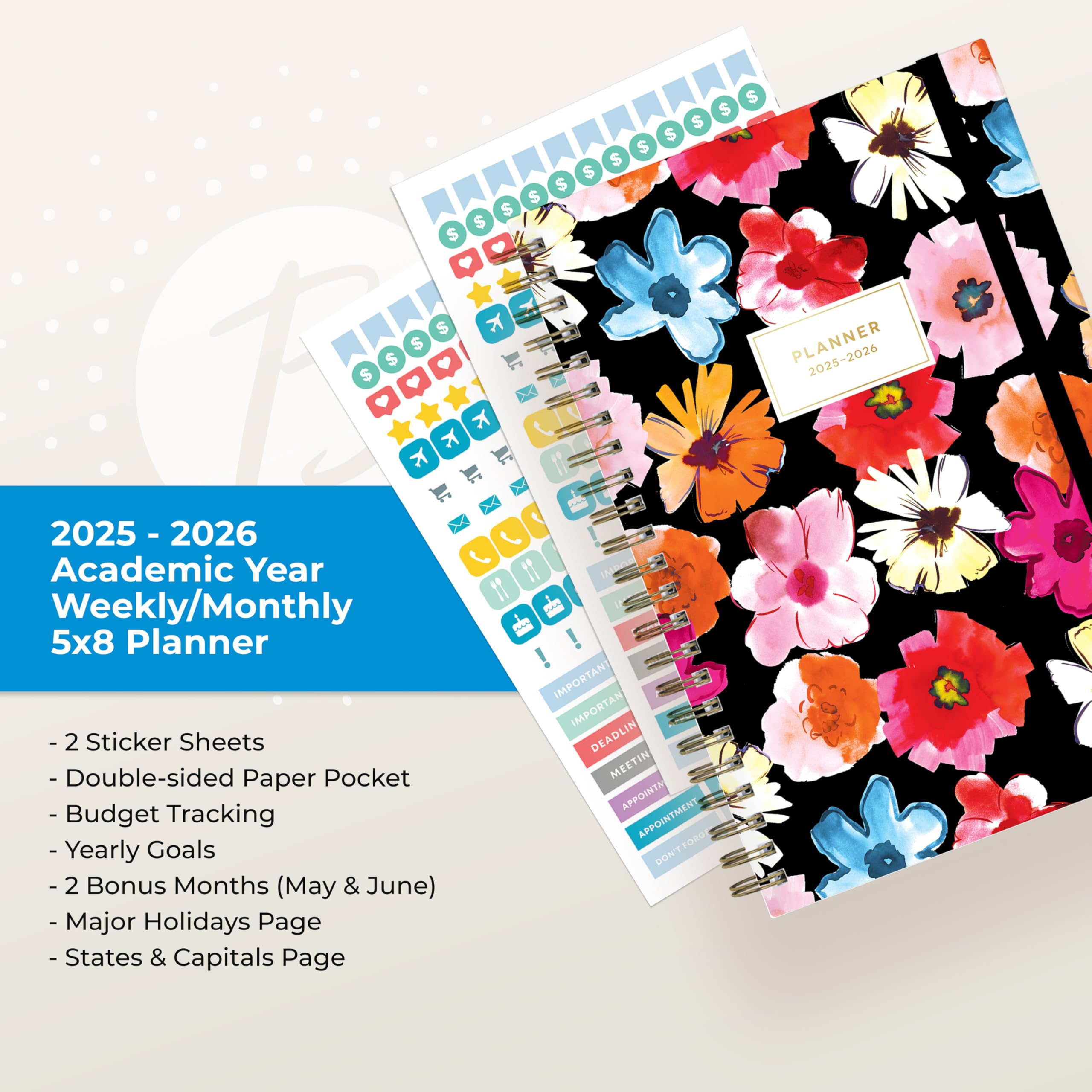 Blue Sky Wochen- und Monatsplaner 2025-2026, akademischer Jahresplaner, Juli 2025 - Juni 2026, 12,7 x 20,3 cm, Hardcover, Spiralbindung, Aufbewahrungstasche, laminierte Reiter, Aufkleber, Pop-Garden