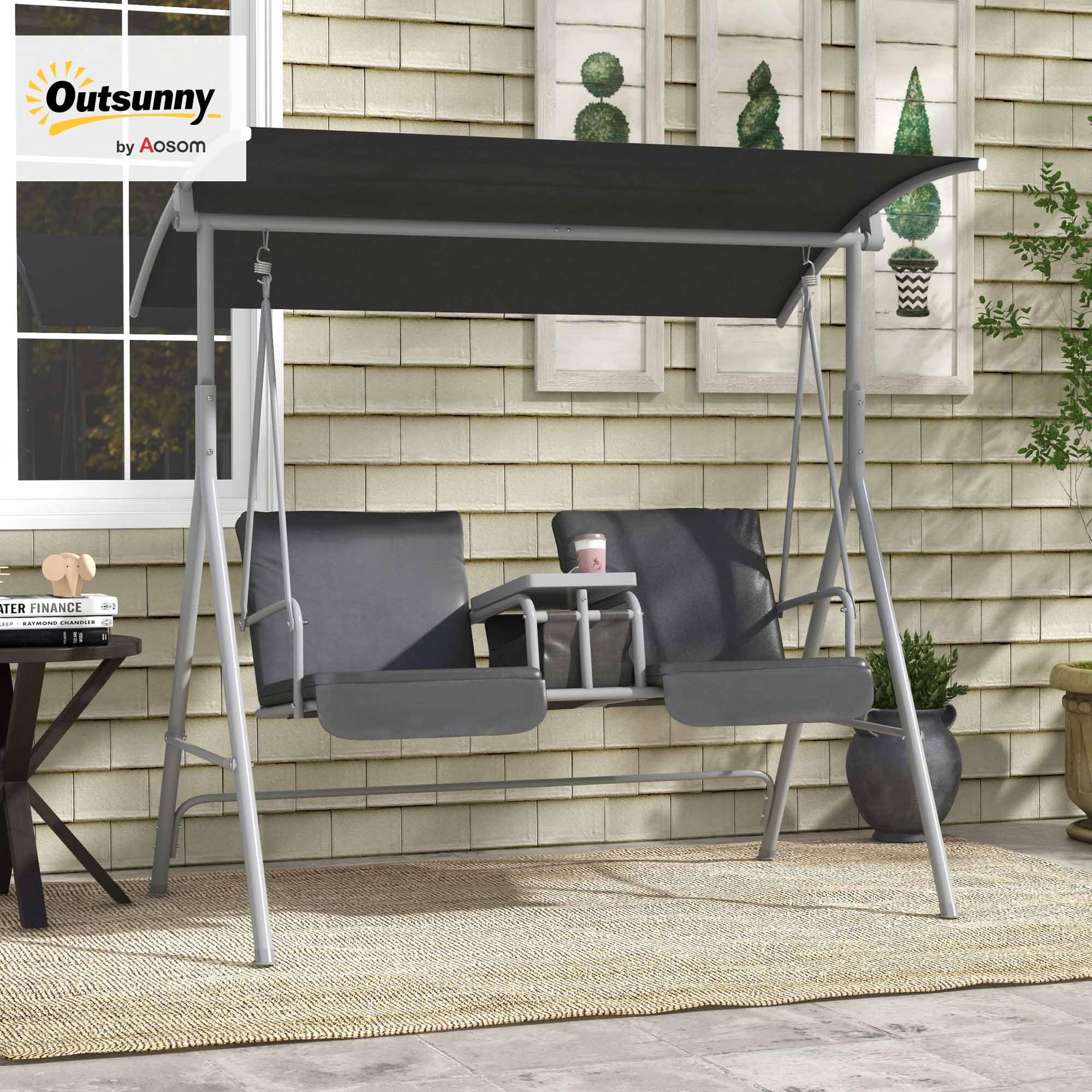 Outsunny Dondolo da Esterno con Tavolino e Portabicchieri Centrale, Dondolo 2 Posti in Metallo con Tettuccio in Poliestere, 175 x 112 x 158 cm, Grigio