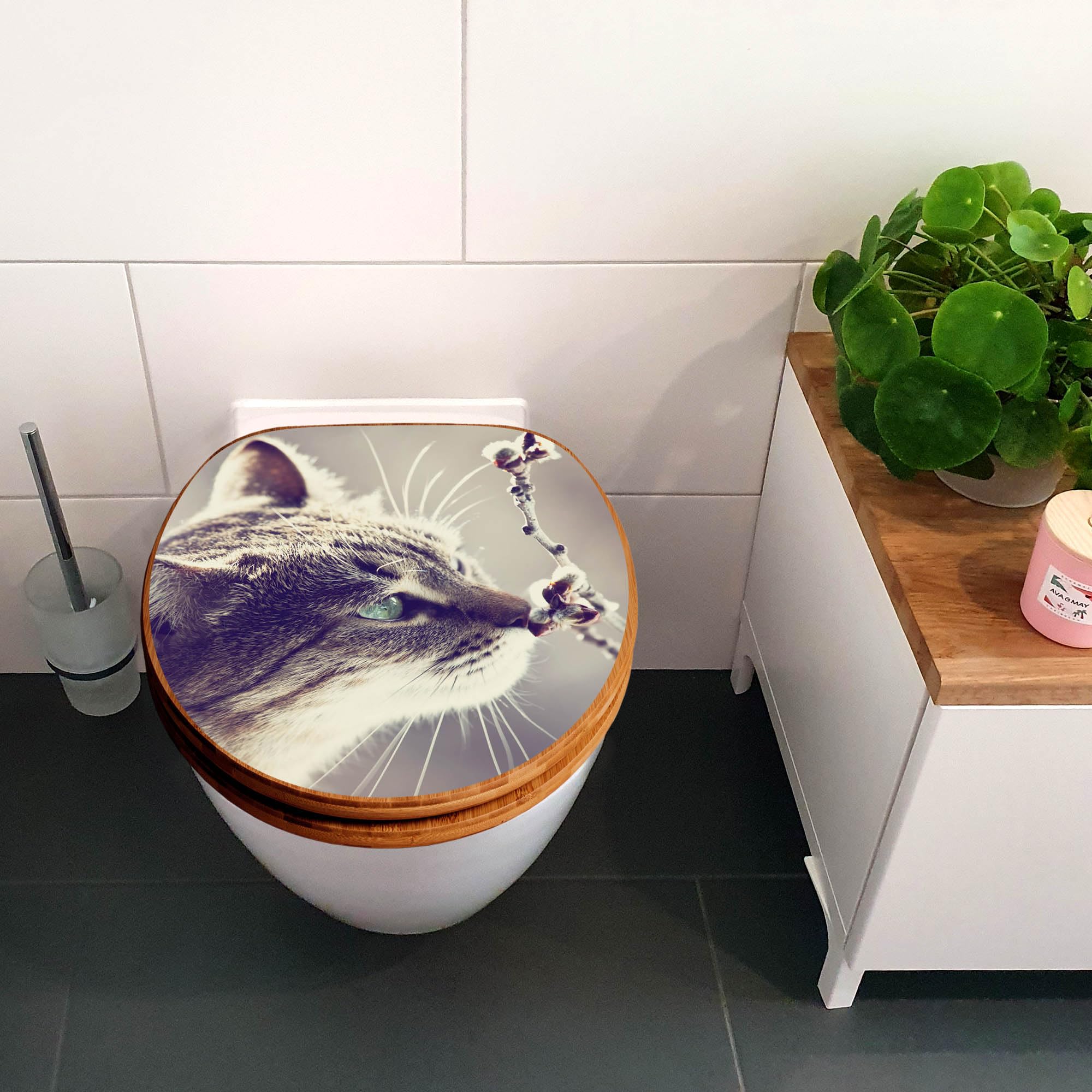 banjado Design WC Sitz Bambus Absenkautomatik 45,8x37,5cm - Toilettendeckel mit Absenkautomatik Holz - hochwertiger Bambus Klodeckel - WC-Sitz für gängigen Toiletten - Motiv Weidenkätzchen