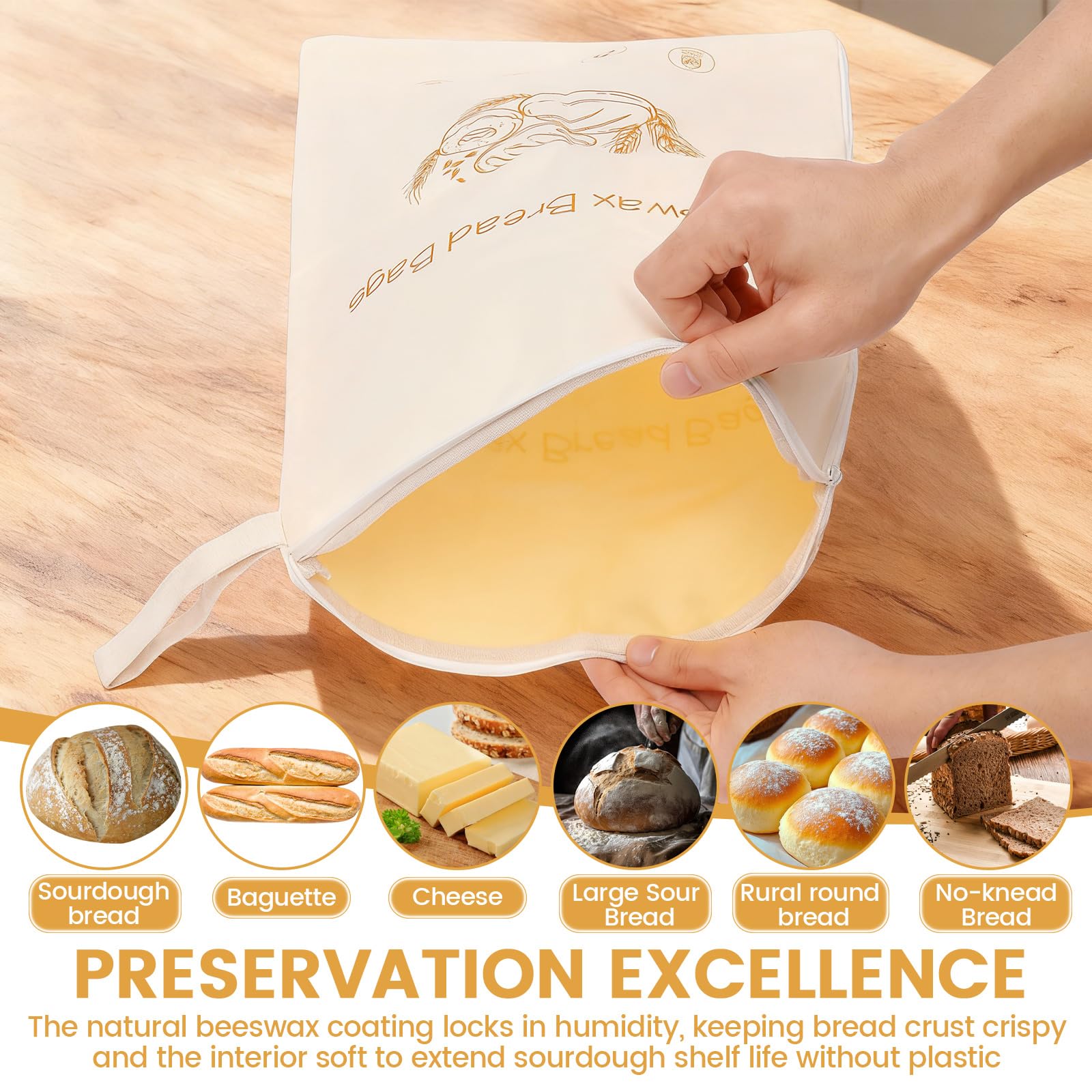 Sacs à pain en cire d'abeille avec fermeture éclair, 42x33 cm, 100% coton, réutilisables, pack de 2