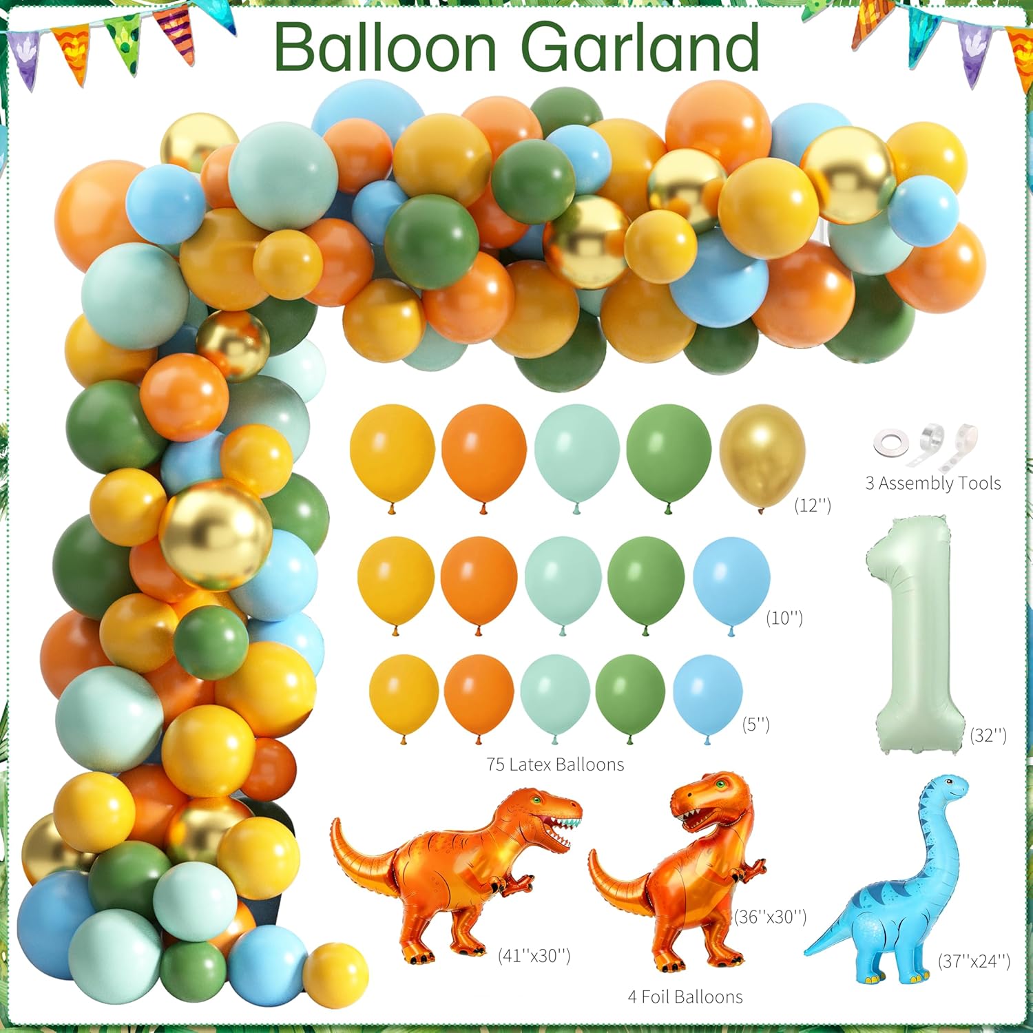 One a Saurus Birthday Decorations 105Pcs Dinosaur 1st Birthday Party Supplies for Boy Dinosaur Balloon Garland Balloon Box Backdrop Monthly Photo Highchair Banner Tablecloth Cake Topper Hat Poster - Image 3