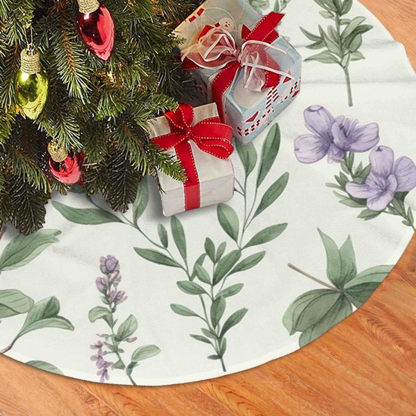 Fodpand Black Green Flower Herb Sage Leaves And Branches Christmas Tree Skirt 36" Velvet Xmas Tree Skirt Mat Rustic Christmas Tree Mat Cover Winter Xmas Tree Collar For Indoor Outdoor Christmas Decorations