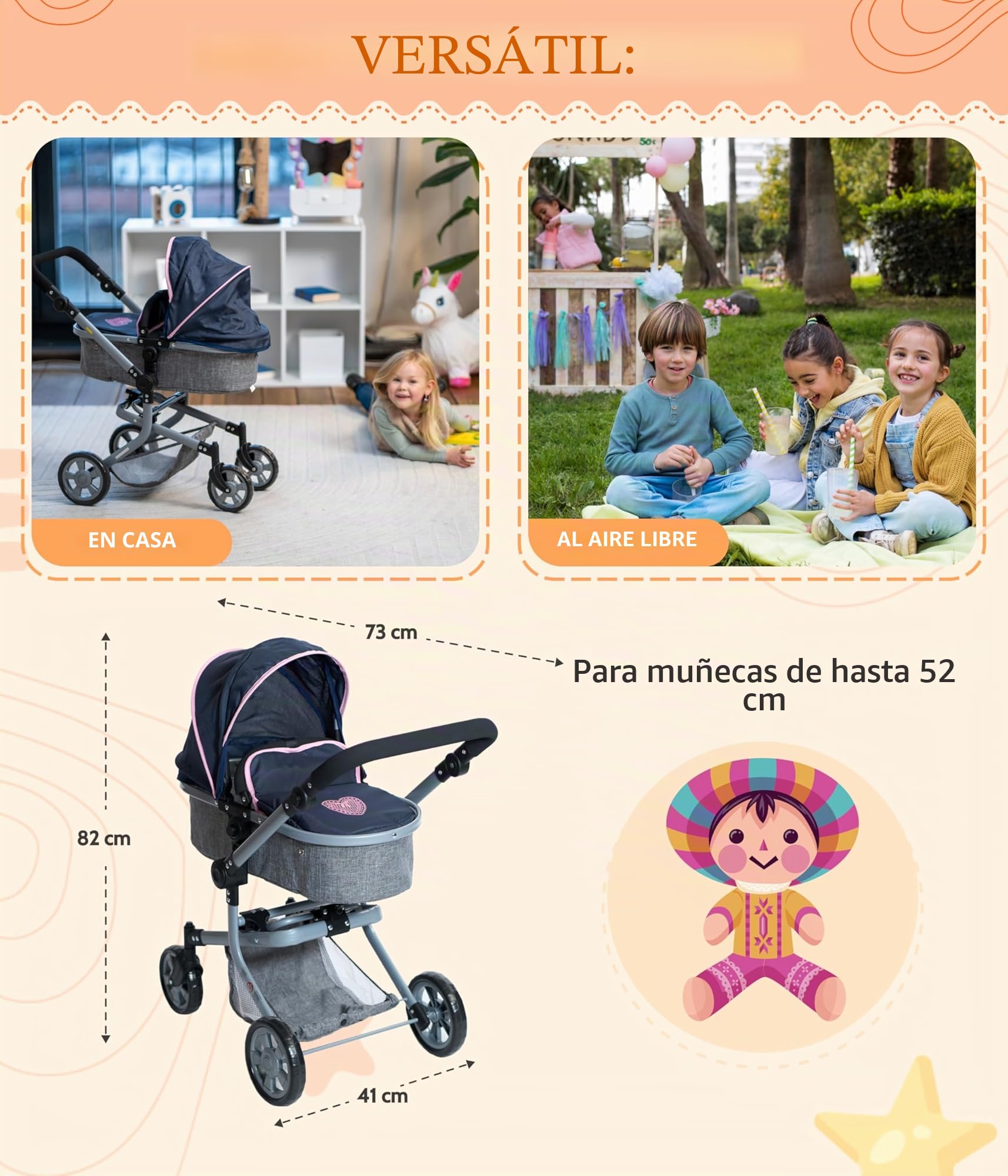 Bayer Chic 2000 - Cochecito de muñecas Mika, 2 en 1 para niños de 4 a 8 años, Color Gris y Azul Marino