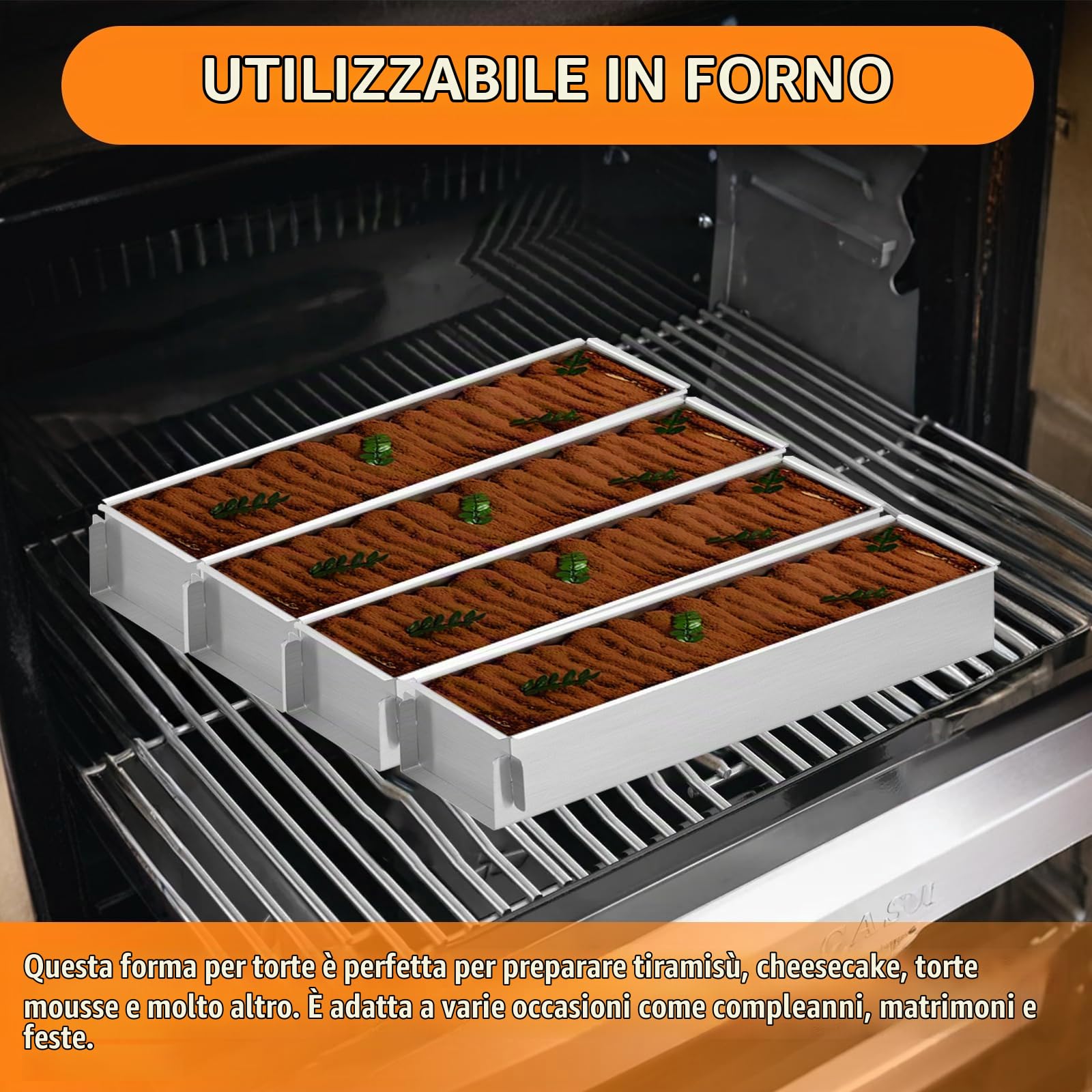 2 Pezzi Teglia Forno Rettangolare, Stampo Torta Regolabile, Teglia Antiaderente per Tiramisù con Parte Laterale Rimovibile, Teglie da Forno di Alluminio per Torta, Mousse, Pane e Tiramisù (40cm)