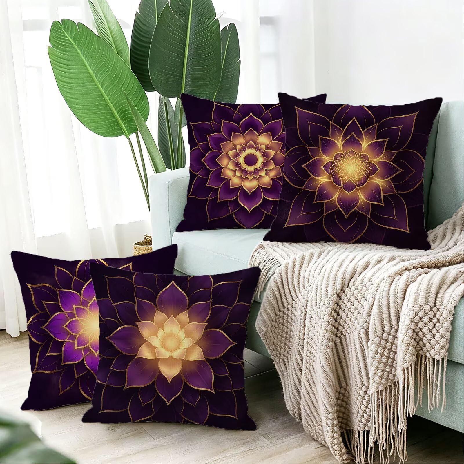 Viola Federe Cuscini Divano 40x40cm, Cuscini da Esterno Set de 4, Cod-41 | Lin Copricuscini Decorativi Letto Arredo, per Letto, Soggiorno, Giardino, Esterno, Casa Decorazione Set di 4 Mandala
