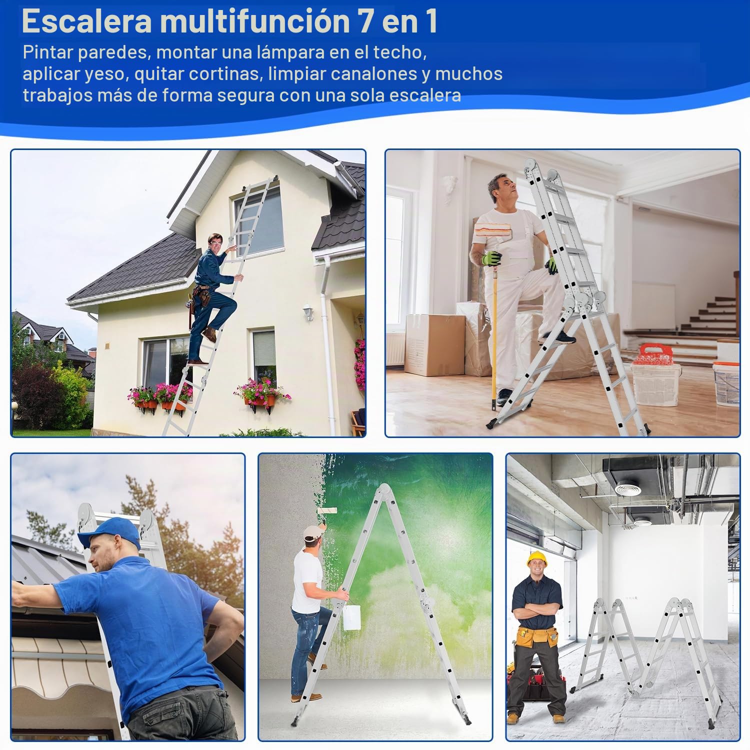 Escalera multiusos 4 x 5 cm, 582 cm, 7 en 1, de aluminio, multiusos, plegable, para el hogar, trabajo, plataforma de trabajo, SNOF-8973-M1CC