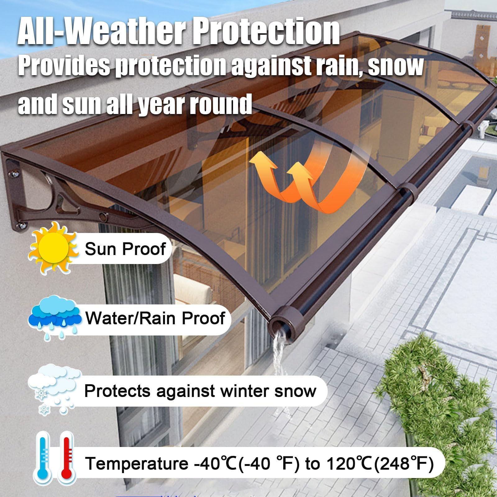Marquesina Puerta Exterior Tejadillo de para Puertas y Ventanas Tejadillo de Protección contra Sol y Lluvia con Cubierta de Policarbonato Soporte de Aluminio Brown