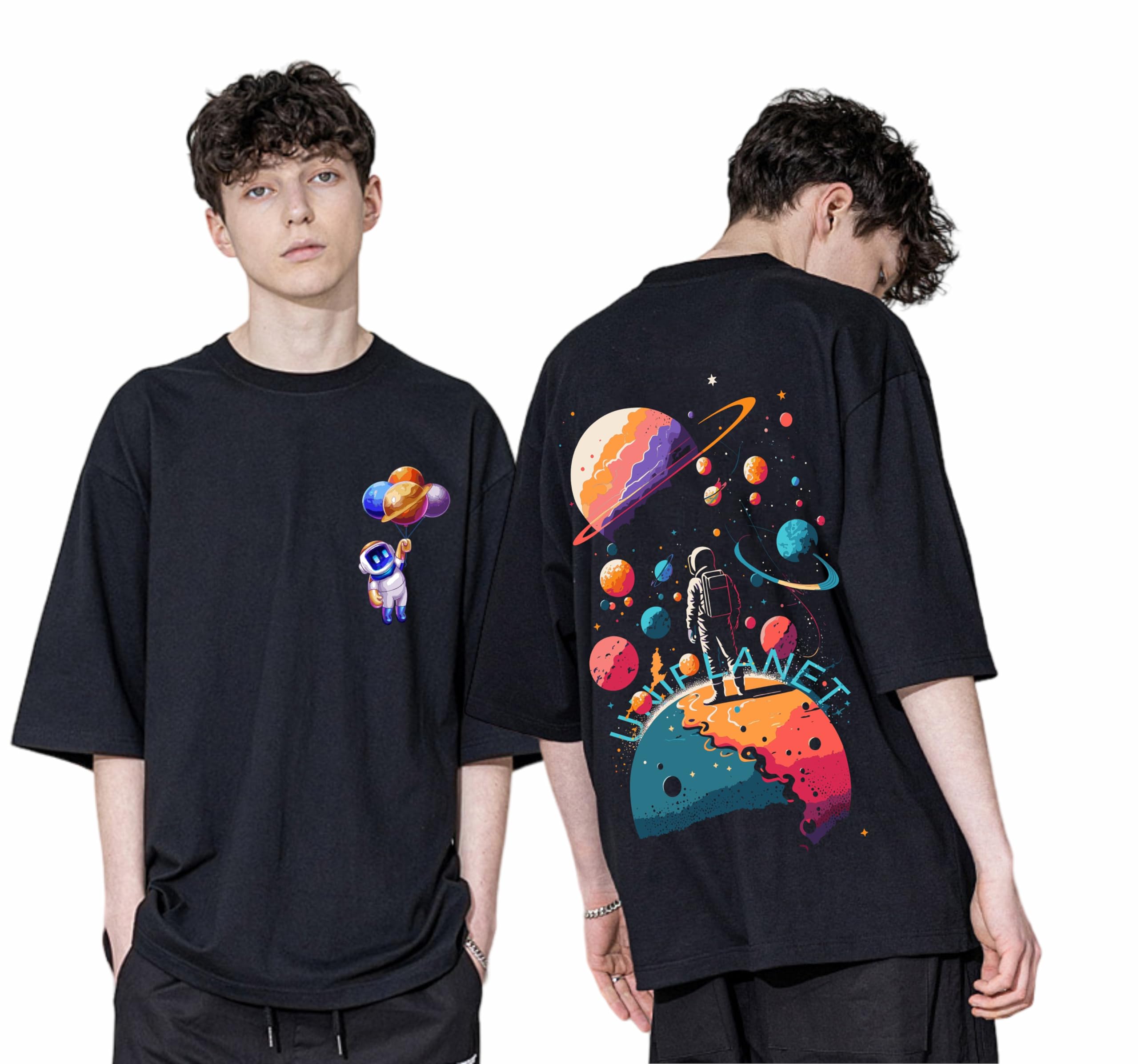 Uniplanet StoreMens Cotton 3/4 Sleeve Uniplanet Space Ovesized Back Printed Black T-Shirt