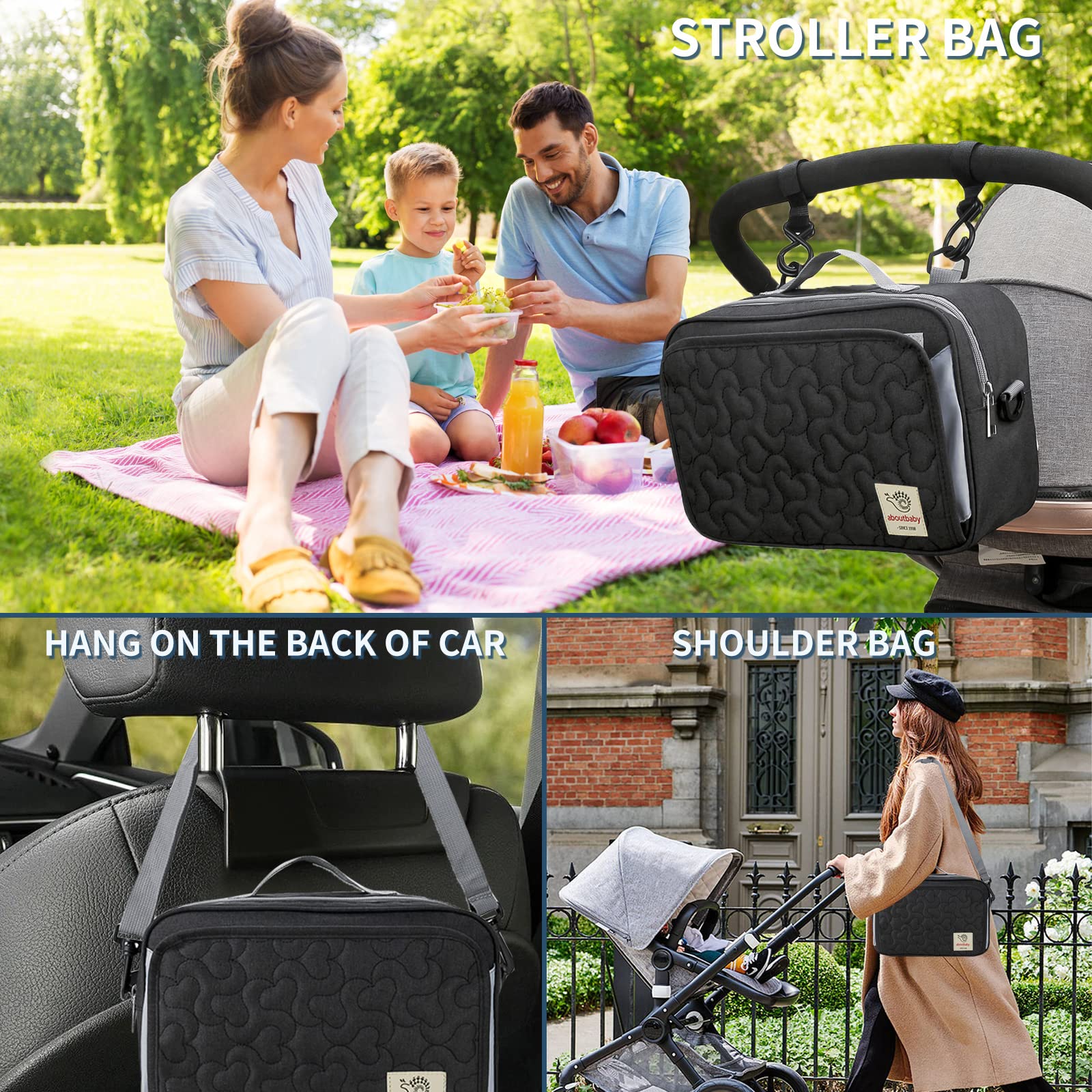 TRENDPLAY Kleine Wickeltasche, Mini-Kinderwagen-Organizer, Caddy mit Reinigungstaschen, Caddy Parent Console mit Kinderwagengurten, passend für alle Kinderwagen, schwarz