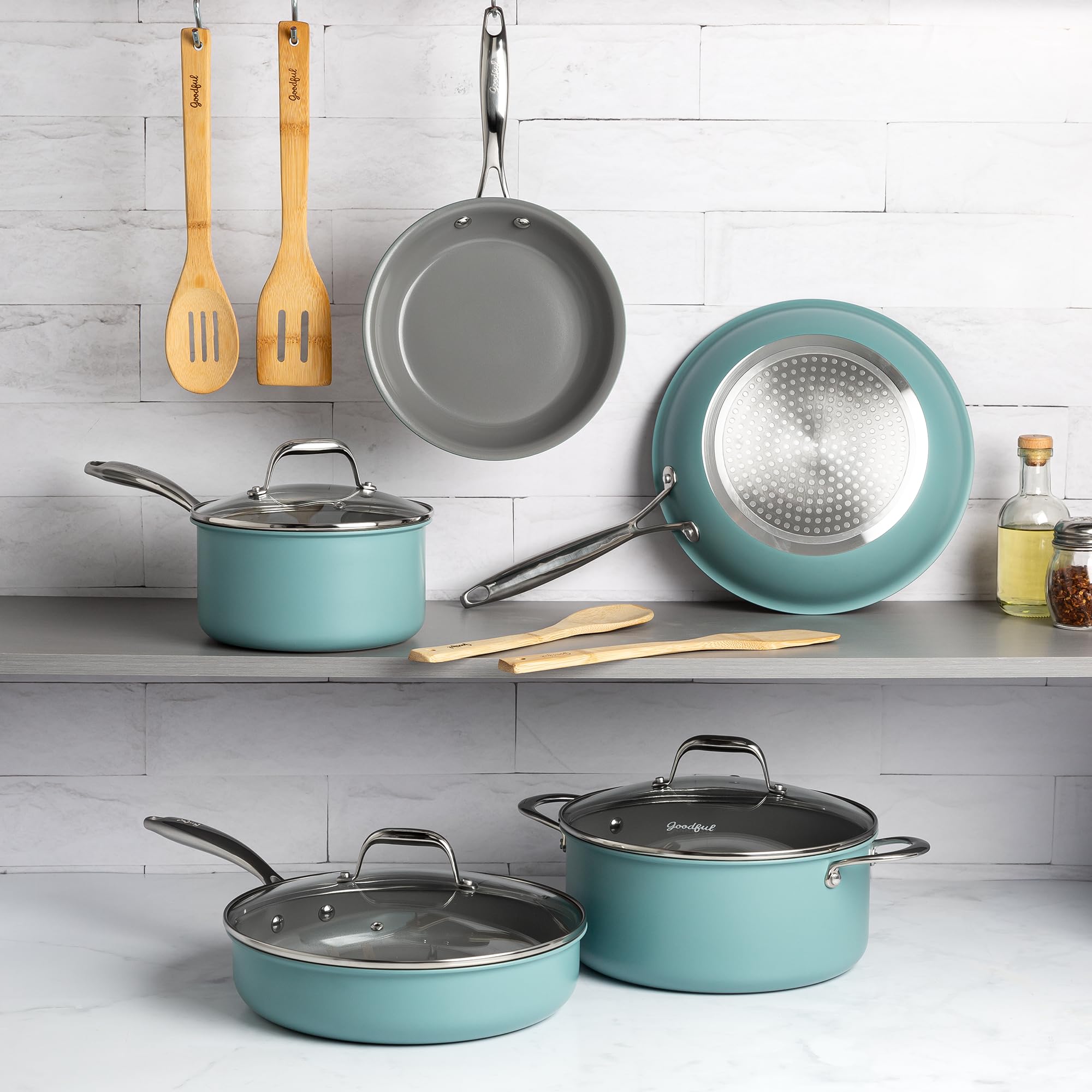 Goodful Ceramic Nonstick Pots and Pans Set, TitaniumReinforced Premium Nonstick Coating