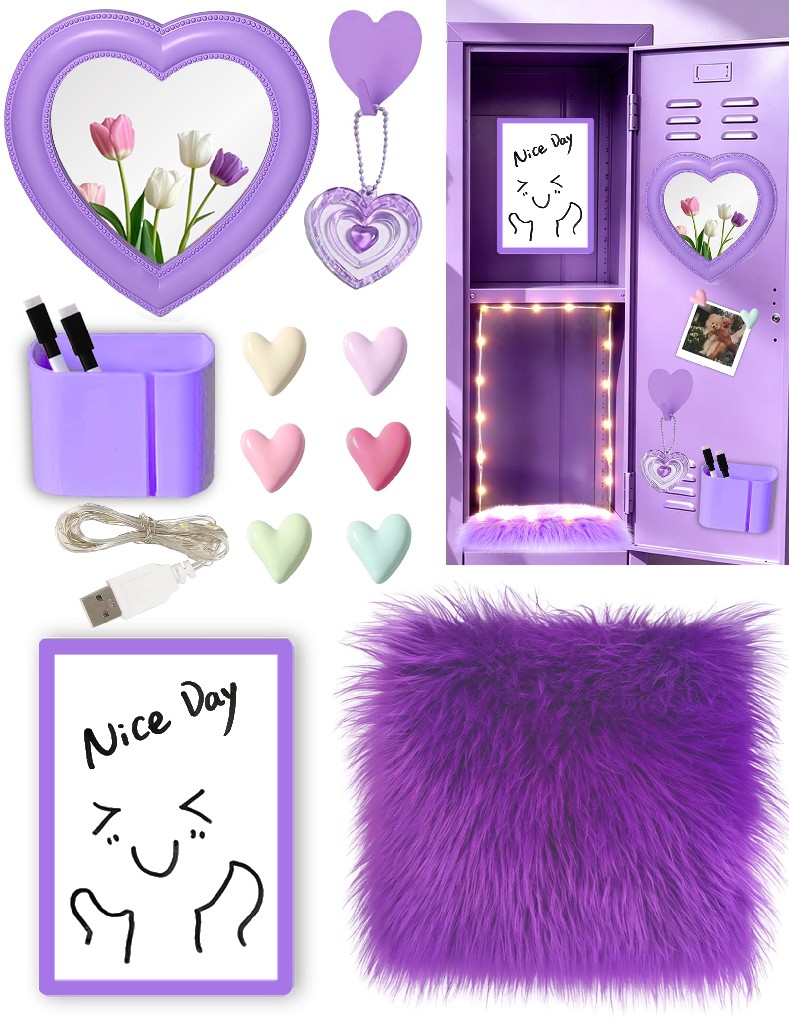 Purple Locker Accessories Kit for Girls with Haert Magnetic Locker Mirror Pen Holder Whiteboard Rug Magnets Hook Pendant String Lights, 15 PCS Back to School Locker Organizer & Decor for Home Work