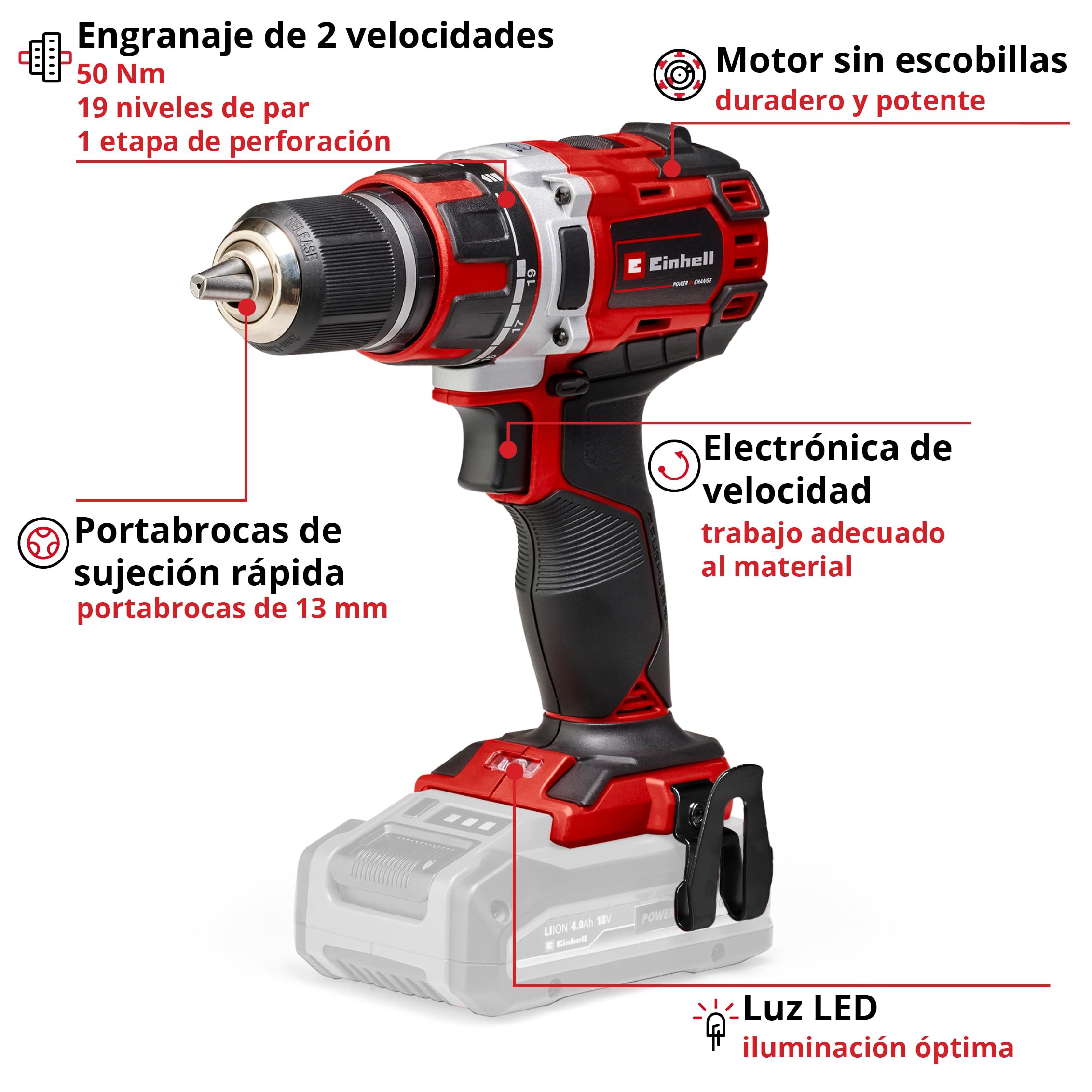 Einhell Professional Taladro atornillador a batería TP-CD 18/50 Li BL Solo | PXC | 18 V | Brushless | 50 Nm | Portabrocas de 13 mm | 2 velocidades | 19+1 niveles de par | sin batería
