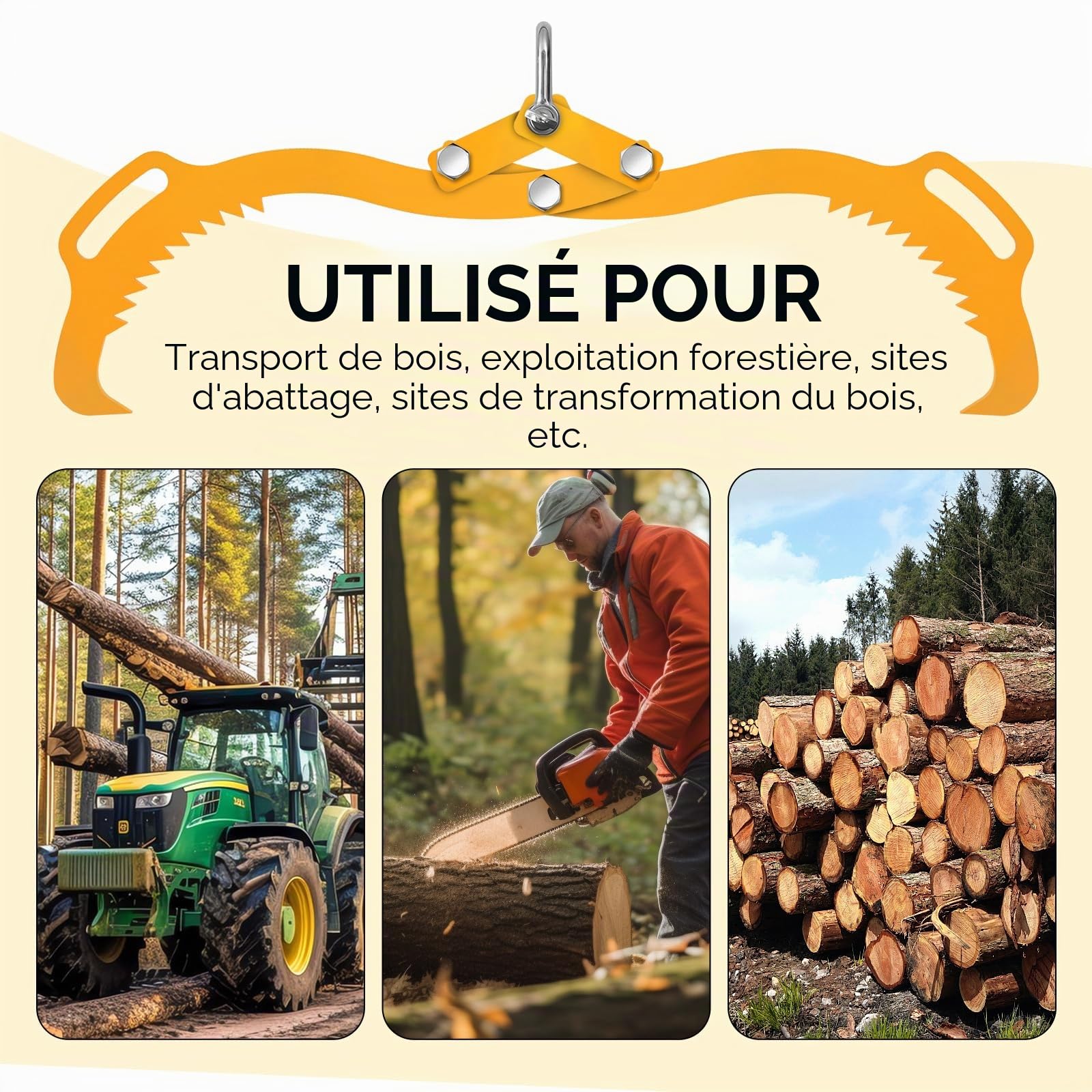 Pince Forestière pour Troncs, Grappin Forestier Capacité 1000kg pour Troncs 640mm, Pince de Levage avec 2 Mandrins de Serrage, Griffe à Boispour Grumes, Bûches