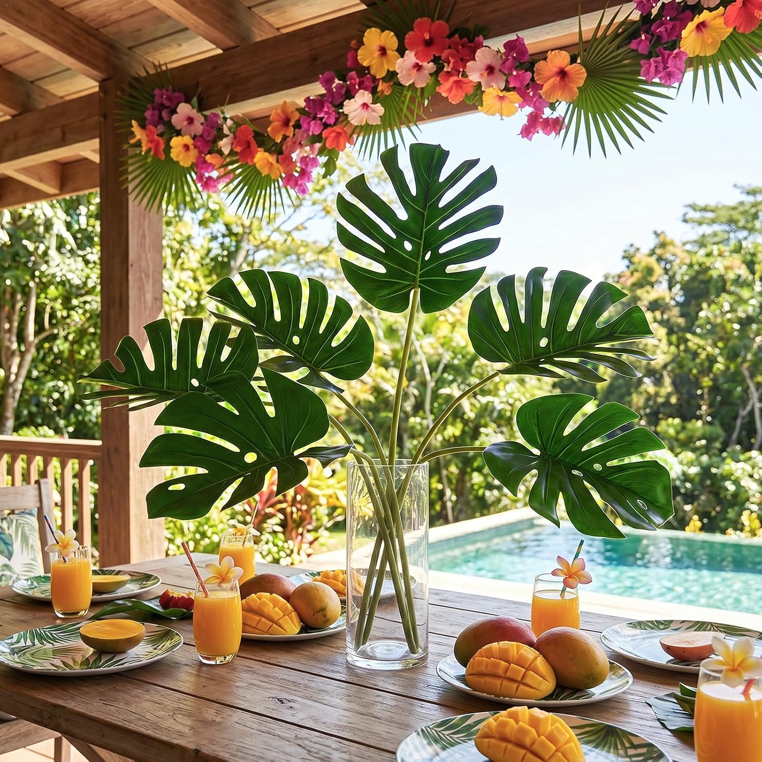 6 PCS Artificial Monstera Leaves Plant Faux Palm Large Leaf Realistic Fake Monstera Leaves with Stem for Home Wedding Tropical Luau Hawaiian Jungle Party Decoration