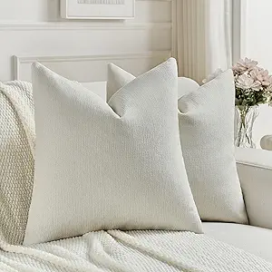 FUTEI Cream Chenille Decorative Throw Pillow Covers 22x22 Inch Set of 2,Soft Cozy Faux Linen Textured Cushion Case,Farmhouse Home Decor for Couch Living Room