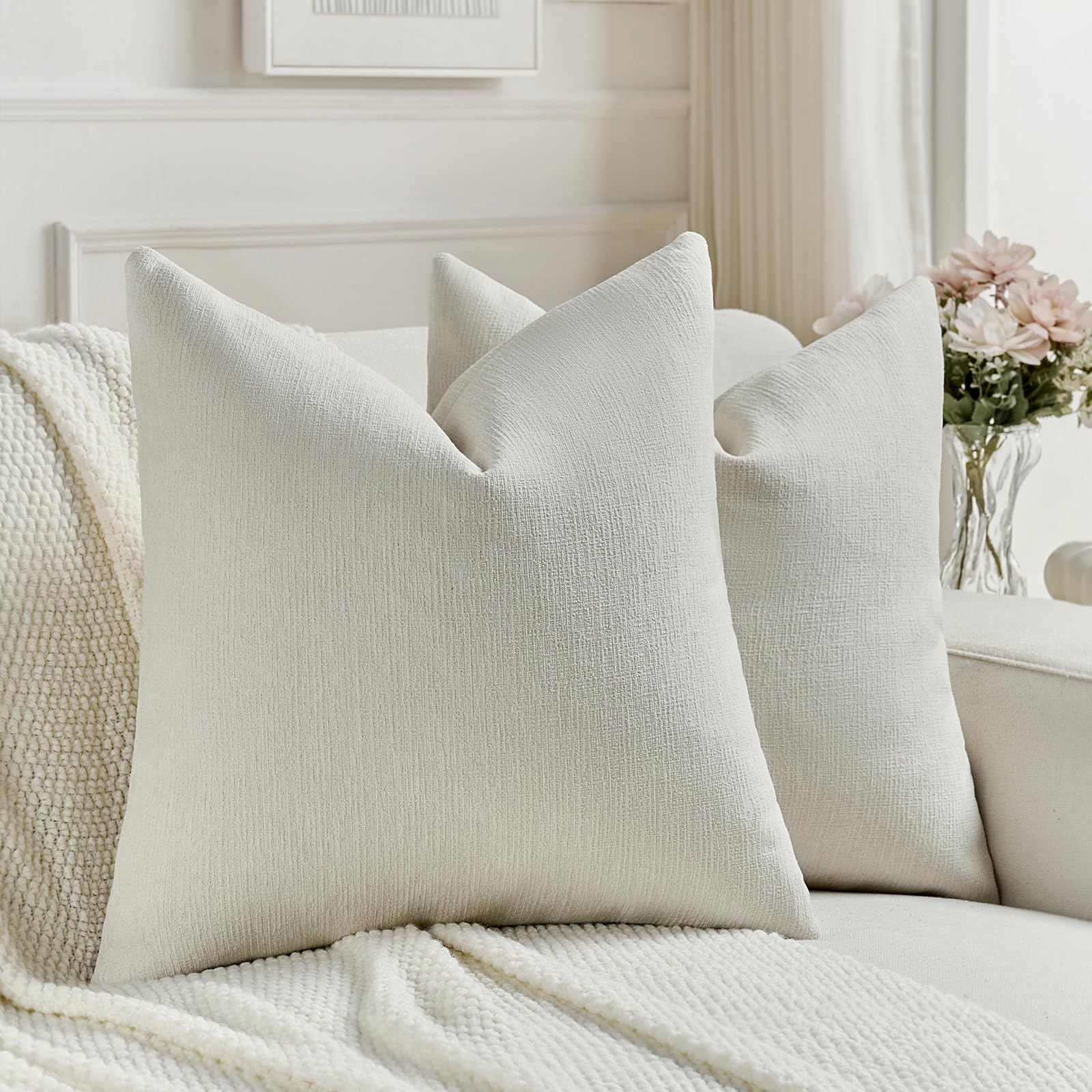 FUTEI Cream Chenille Decorative Throw Pillow Covers 18x18 Inch Set of 2,Soft Cozy Faux Linen Textured Cushion Case,Farmhouse Home Decor for Couch