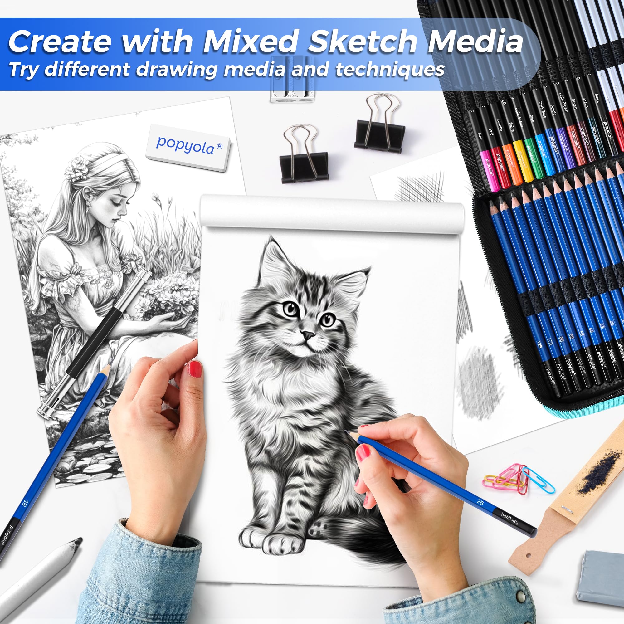 Set da disegno da 133 pezzi, kit per schizzi, forniture artistiche professionali | con Sketch Book, Coloring Book, Acquerello, Blocco di Carta Nero, Grafite Colorato Carbone Acquerello & Matite Metalliche