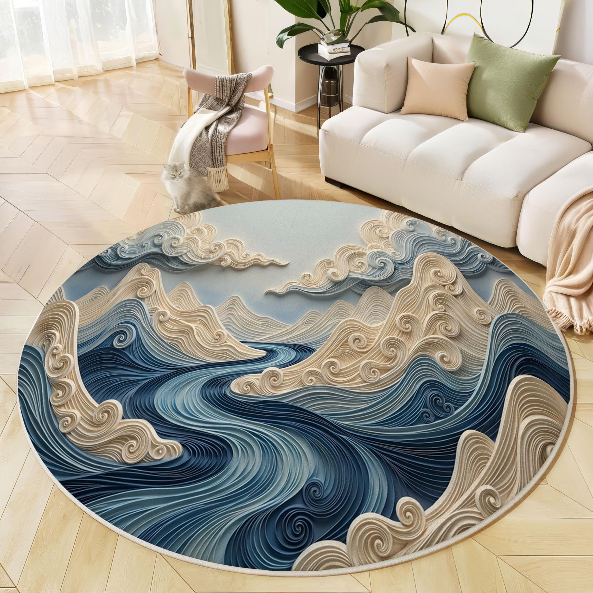 Tapis Rond Lavable Antidérapant Relief De Vagues Japonaises en 3D