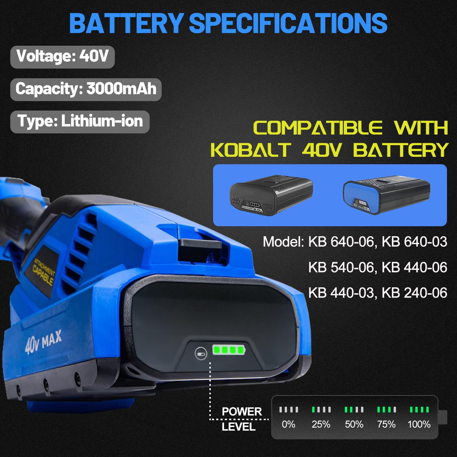 Batería de repuesto de 3000 mAh para batería Kobalt de 40 V KB 340-06, KB 240-06, KB 240-03, KB 245-06 40 V máx. baterías de iones de litio (paquete de 2)
