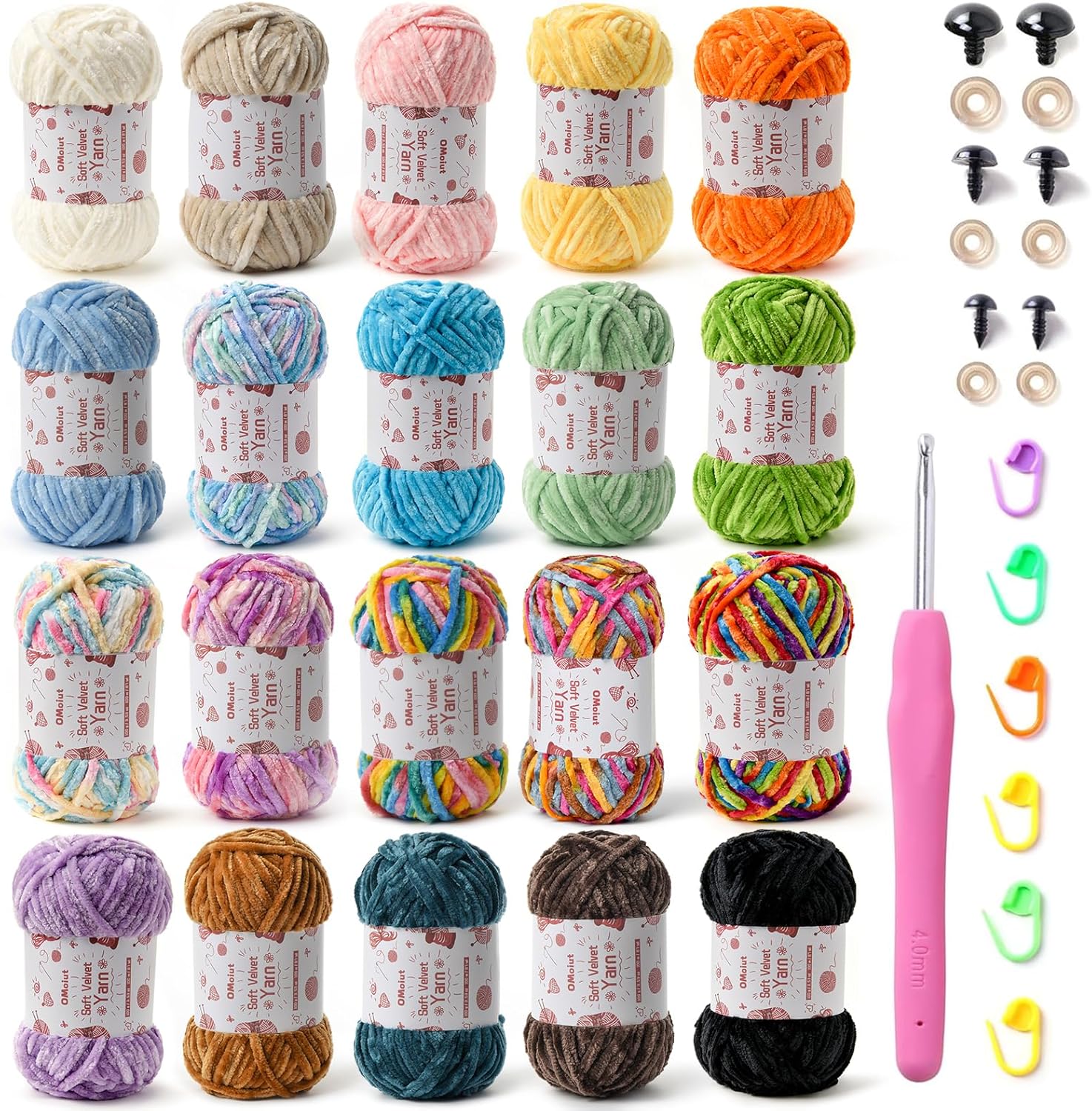 OMoiut 12 Pack Chenille Chunky Yarn - Baby Soft for Crocheting - White, Red, Pink, Yellow, Blue, Rainbow Velvet - Crochet Blanket and Amigurumi Pack With Accessories