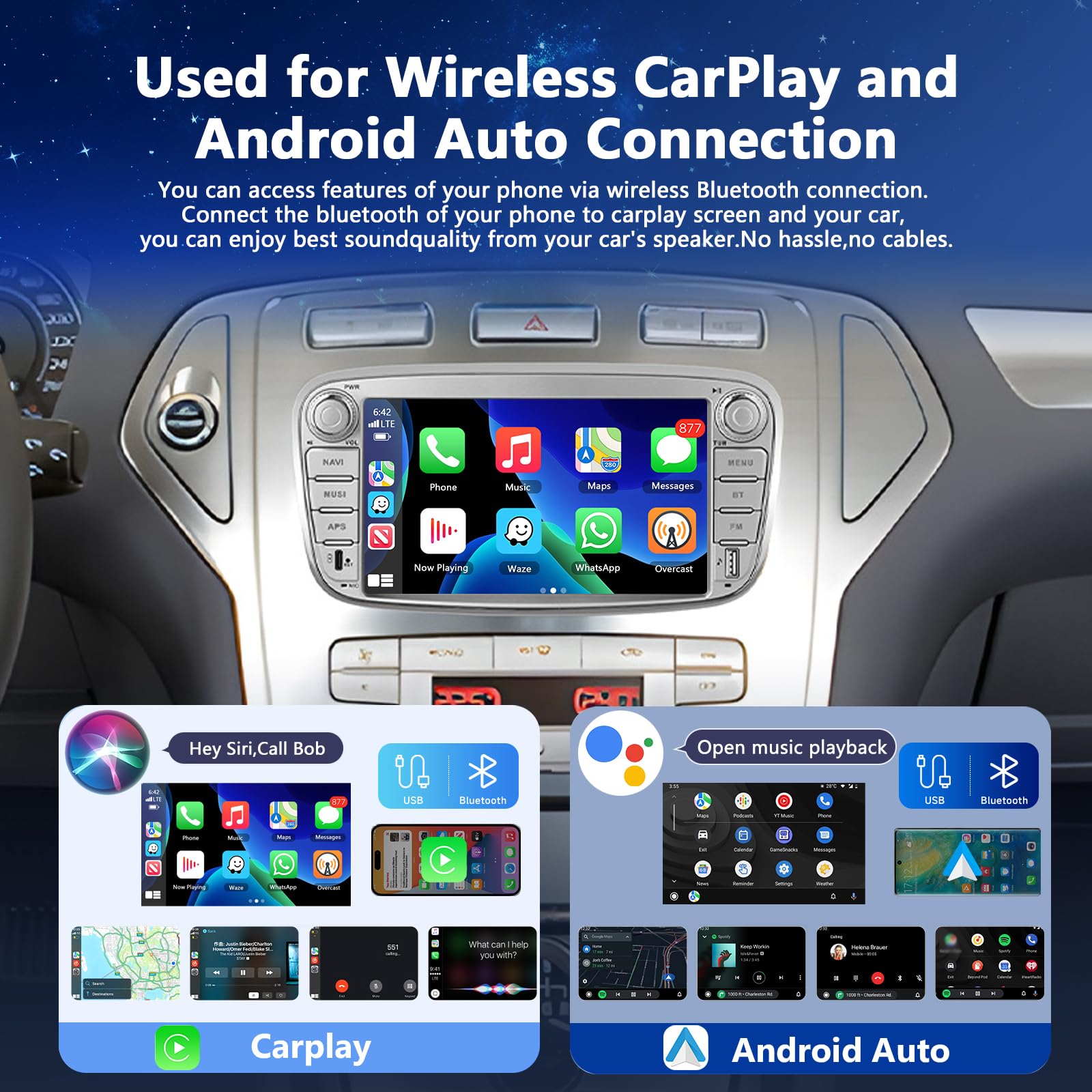 Qualcomm 8 Core 4GB+64GB Carplay Autoradio für Ford Focus II MK2/S-Max/Mondeo MK4/Galaxy II C-Max 06-11 mit Android Auto, 7" Car Stereo Con GPS 5G-WLAN SWC BT EQ Canbus + Rückenkamera