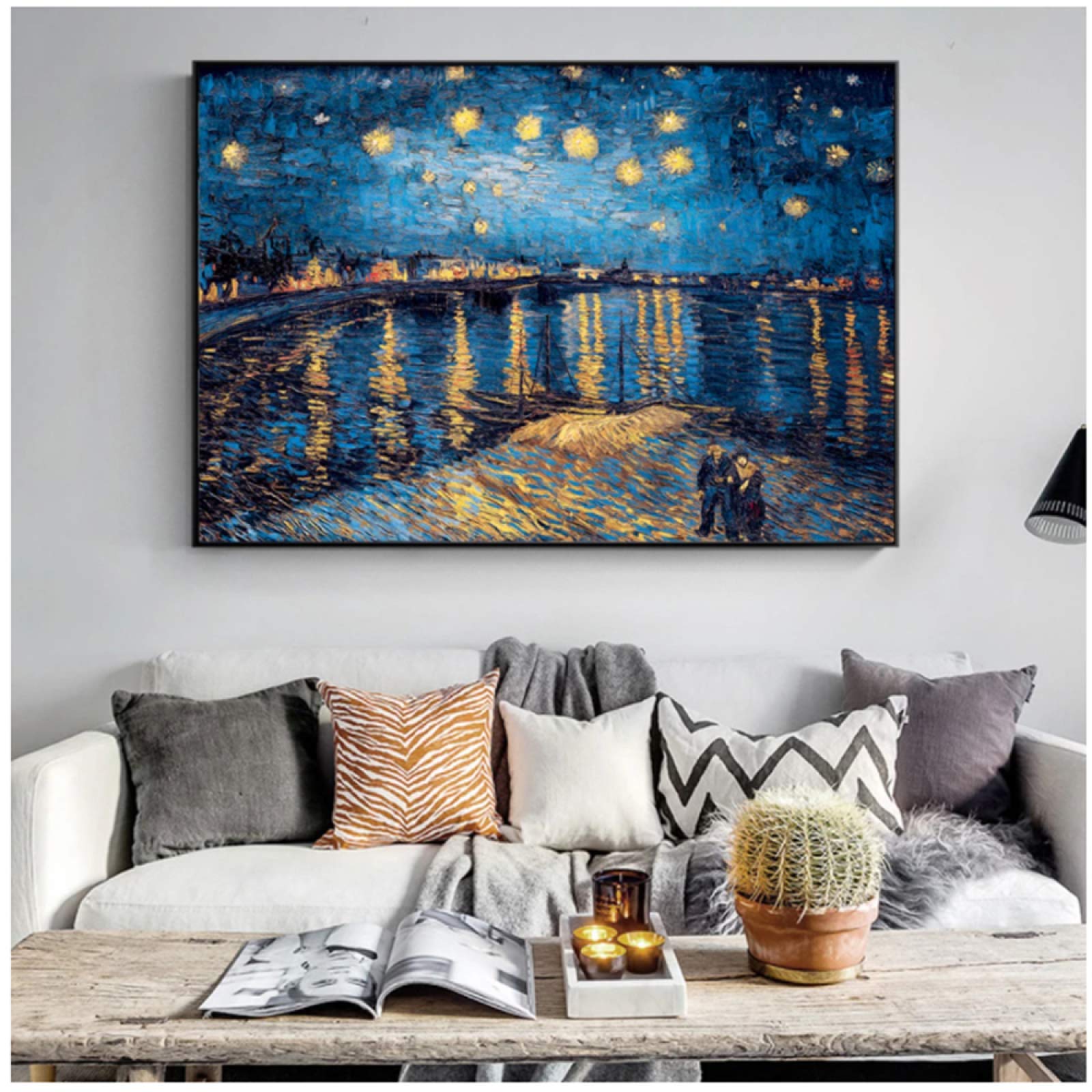 「華星月夜」27.3×22㎝　テクスチャーアート　寝室インテリア　リビング Amazon.co.jp: 星空の夜のキャンバスの絵画のレプリカの印象派の