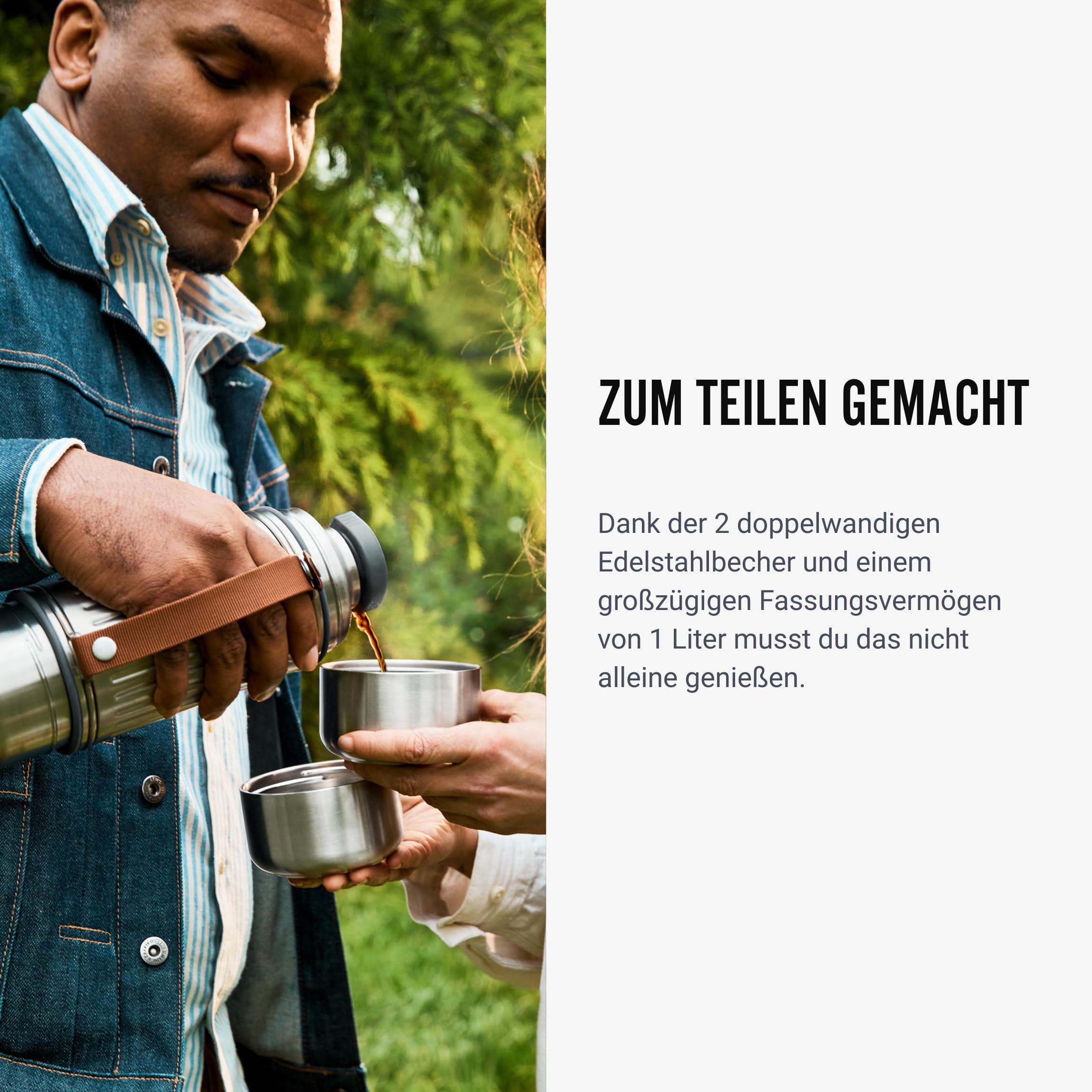 BLACK + BLUM Thermoskanne | Edelstahl Isolierflasche mit 2 Bechern | 1 L