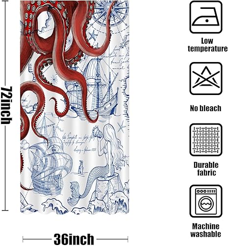 Miniatura 7 de Cortina de Ducha Puesto Náutica de Pulpo Rojo Azul Marino Sirena Divertida Océano Kraken Cortinas de Ducha para Baño Ancla Genial Mapa Costero Tela