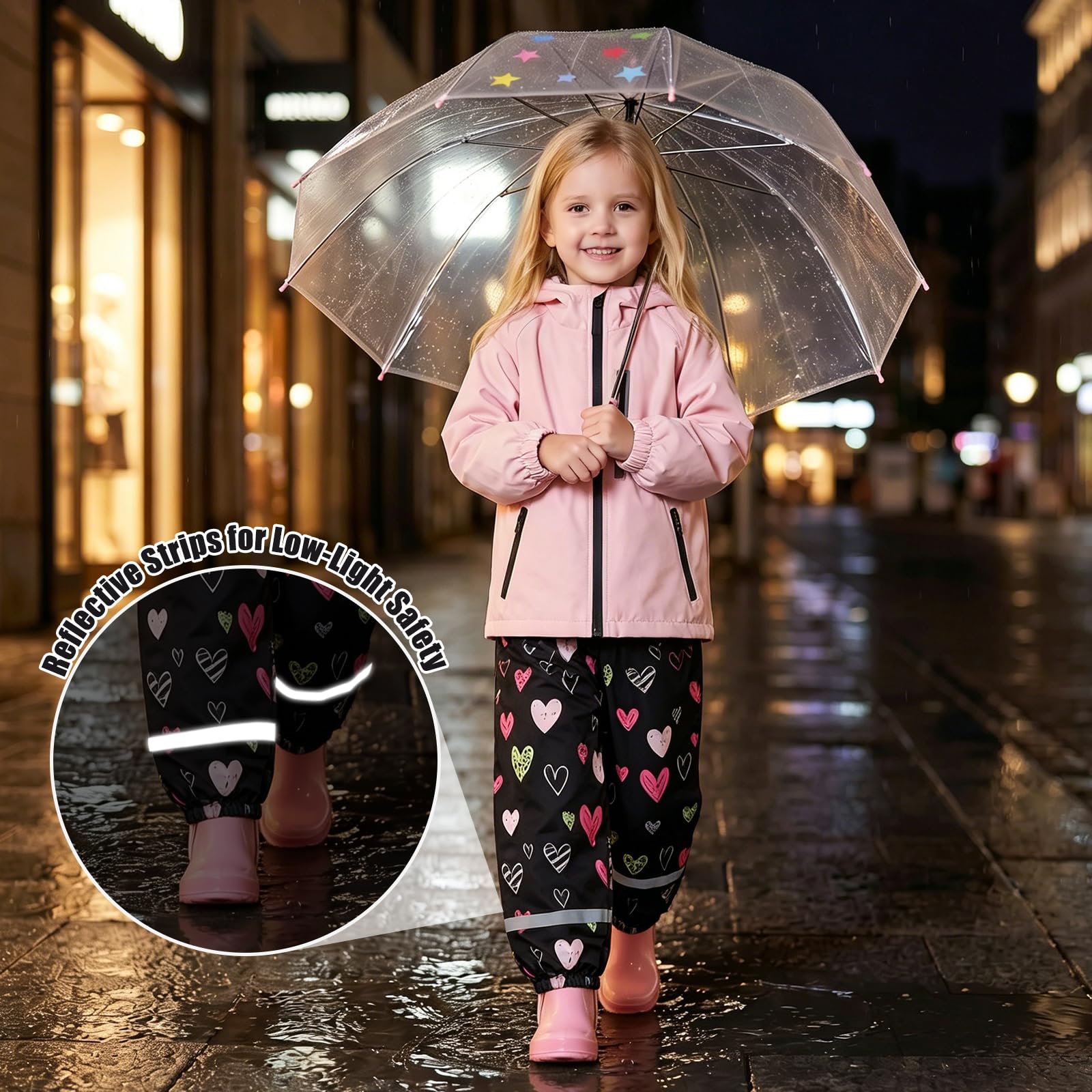 Pantaloni Pioggia per Ragazza Ragazzi, Stampa Impermeabile Pantalone con Riflettente Bambini Leggero Antipioggia Anti-Fango Pantaloni All'aperto Abbigliamento per 1-10 Anni