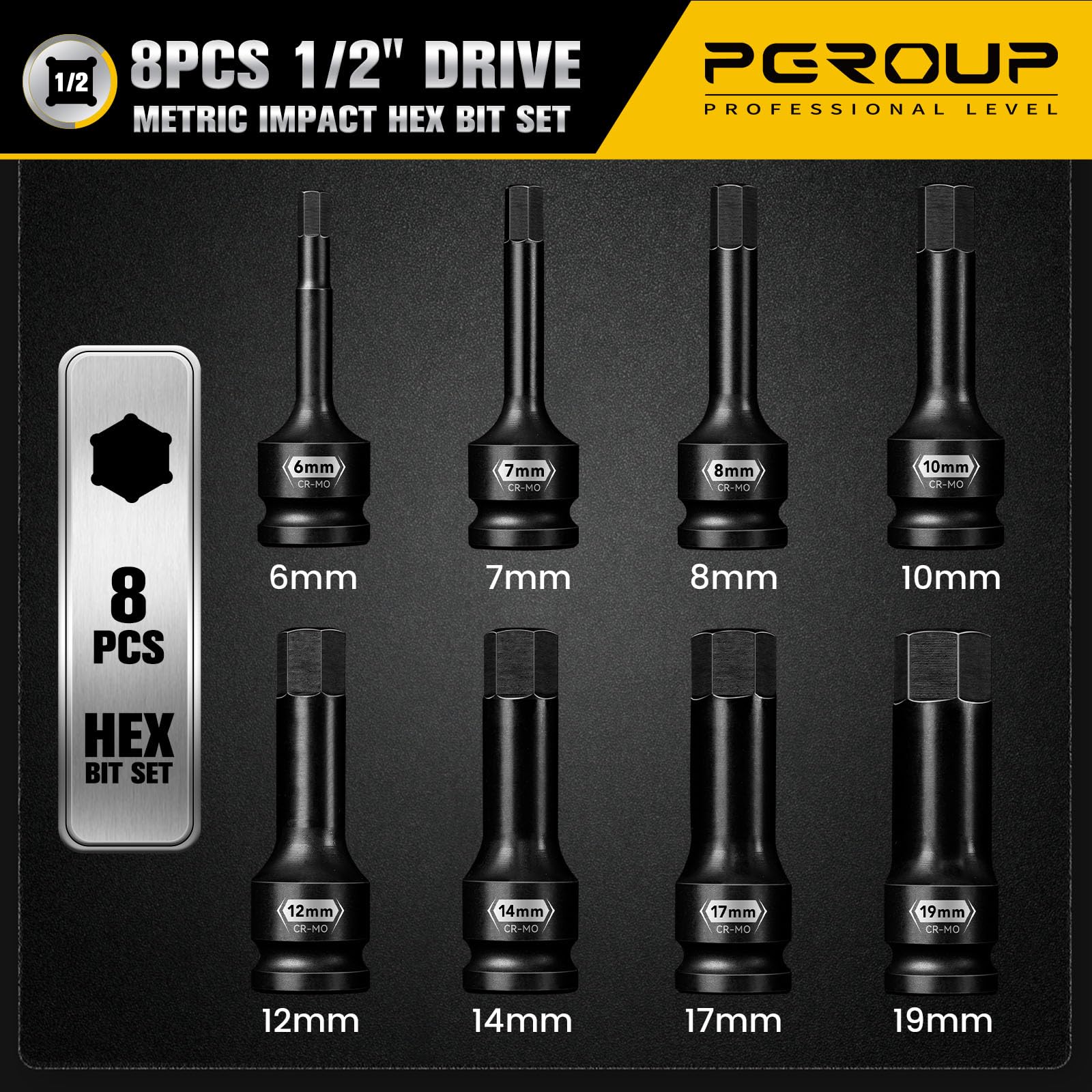 Set di 8 chiavi a bussola esagonali metriche da 6 mm a 19 mm, in acciaio Cr-Mo di grado Master Impact con custodia resistente