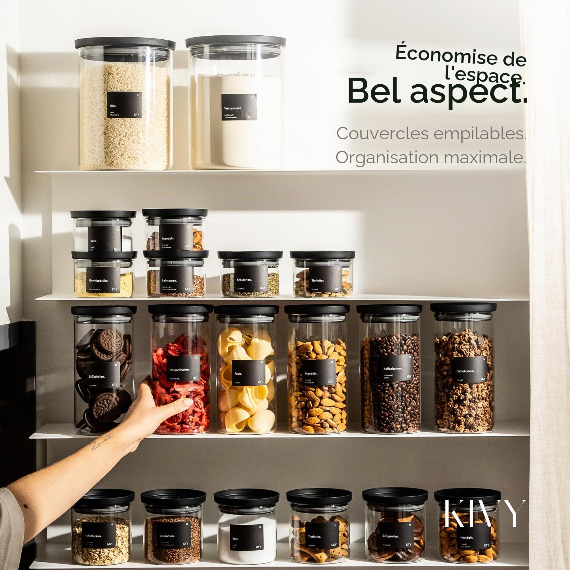 KIVY Lot de 6 petits bocaux de conservation en verre transparent - 350 ml - Boîtes à épices hermétiques empilables - Récipients à épices en verre - Tiroir à épices