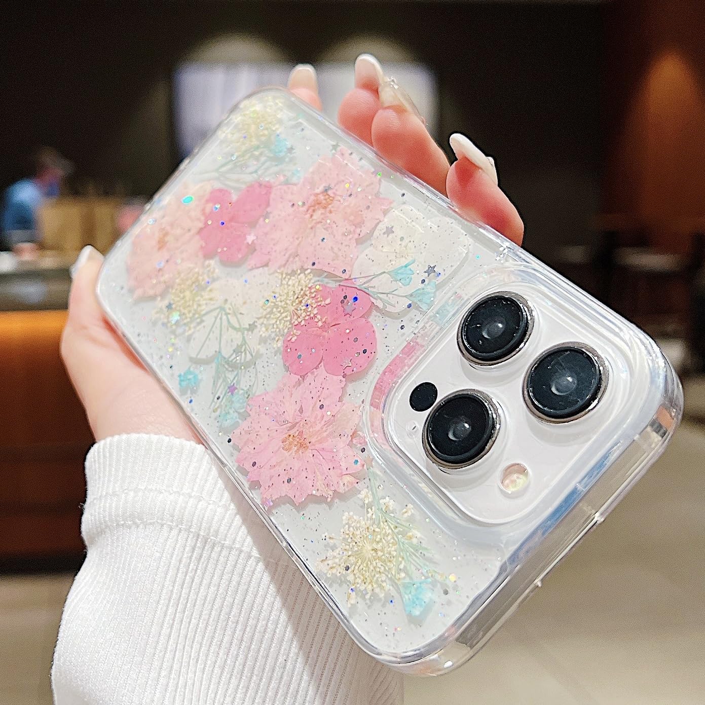 Getrocknete Blumen Handyhülle Für IPhone 13 Pro Max – Transparent, Glitzernd, Mit TPU-Schutz